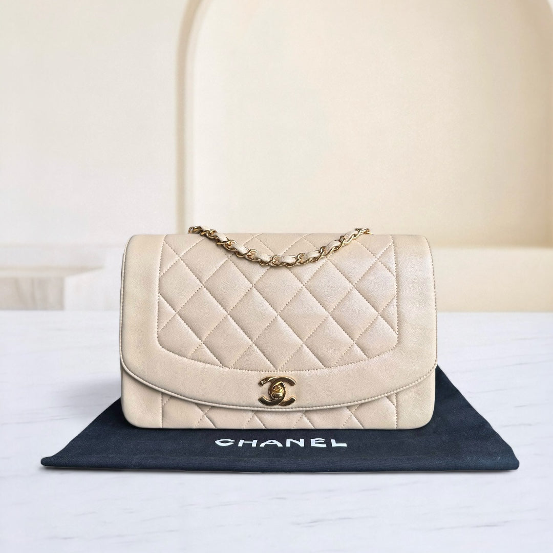Chanel Diana Medium Vintage - Quilted Lambskin Beige Gold Hardware Series 3