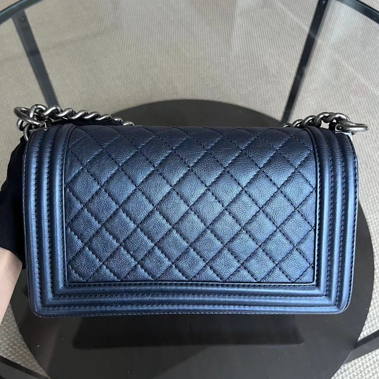 Chanel Boy - Old Medium Calfskin Metallic Blue Ruthenium Silver Hardware Series 18