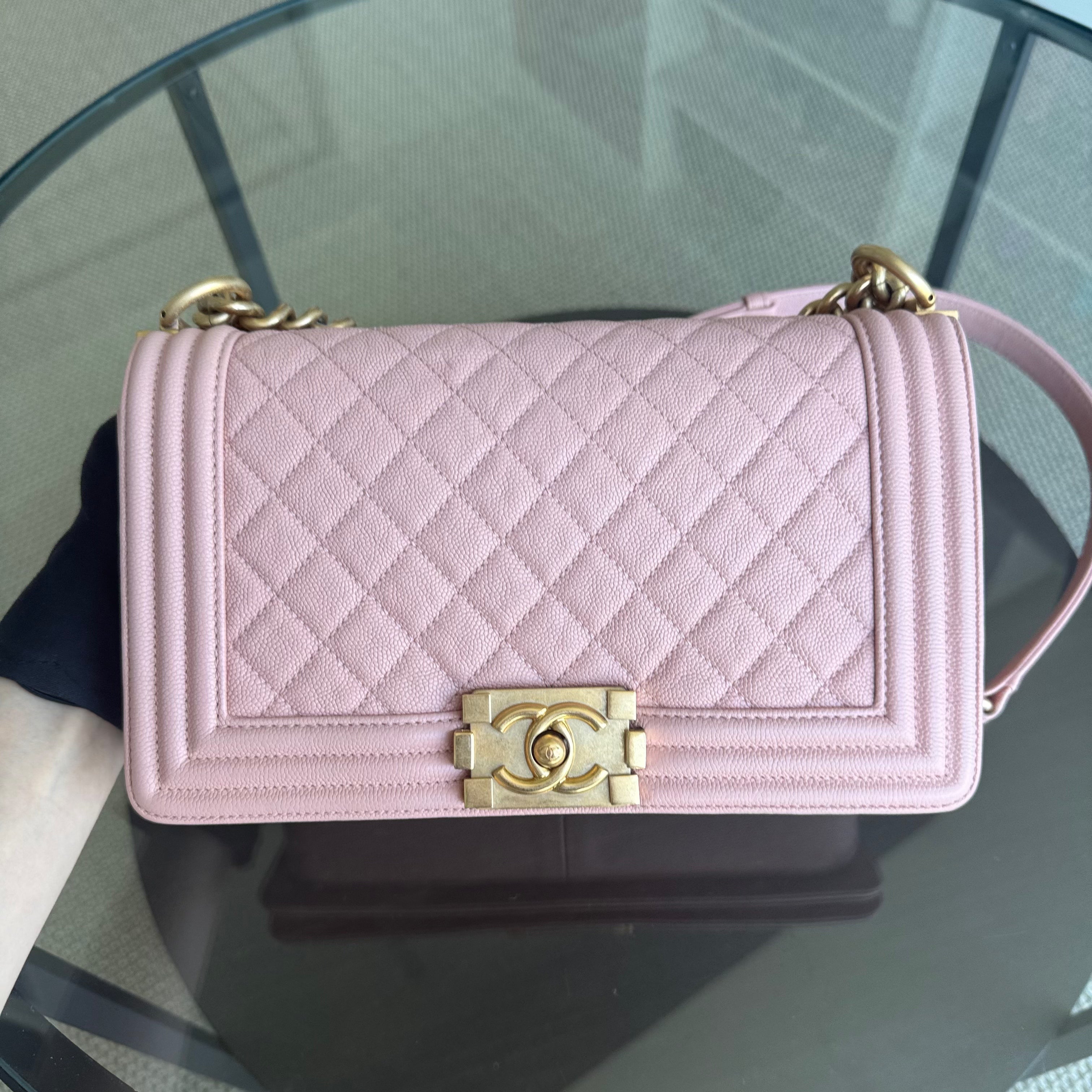 Chanel Boy Medium - Caviar 25CM Quilted Pink Gold Hardware Series 25
