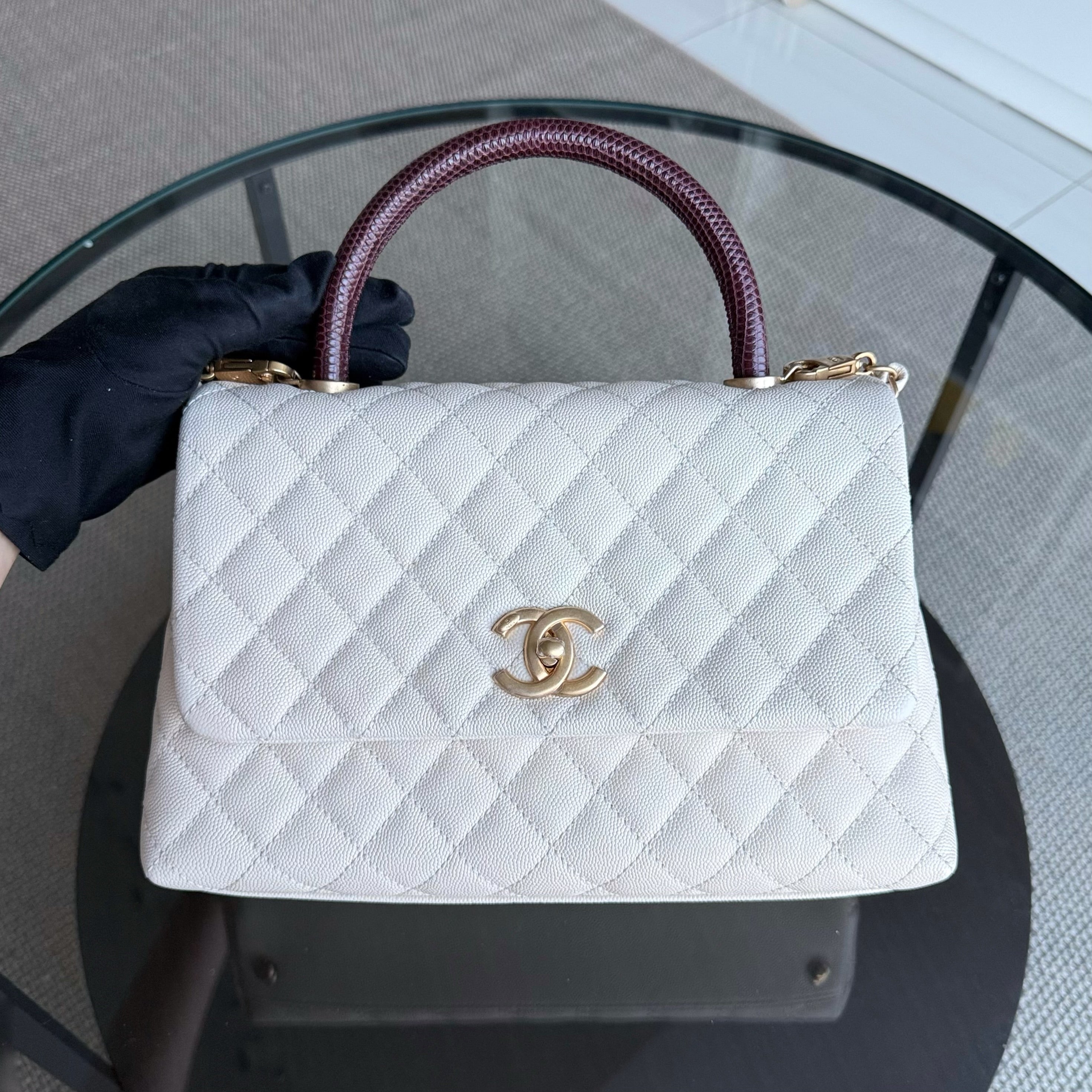 Chanel Coco Handle Medium - Caviar Quilted Lizard Handle White Gold Hardward 24