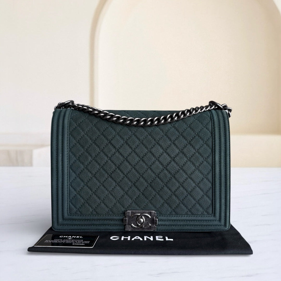 Chanel Boy Large - 30CM Quilted Caviar Black Silver Hardware Series 18