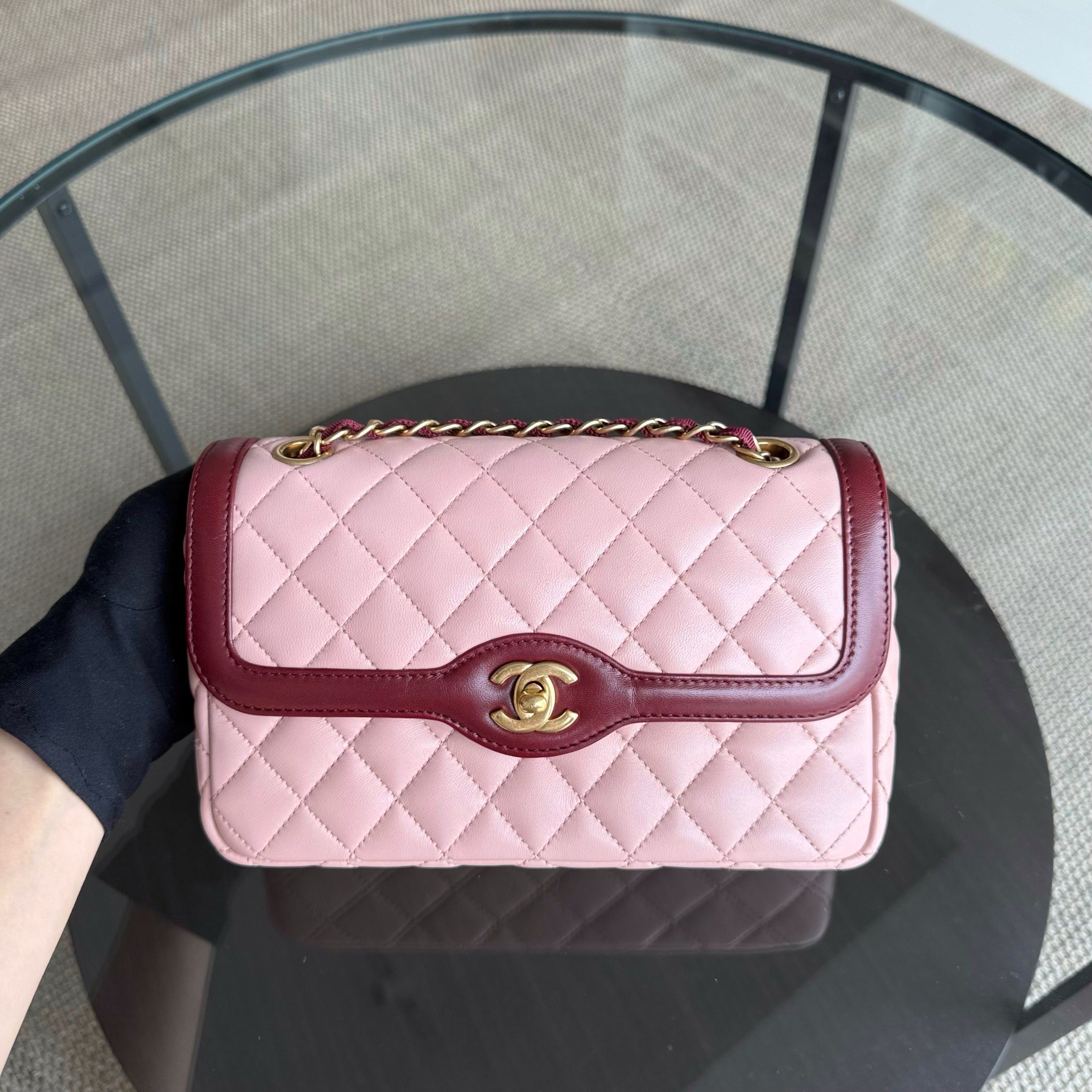 Chanel Seasonal Two-tone Flap Small - Quilted Lambskin Pink Burgundy Gold Hardware Series 23