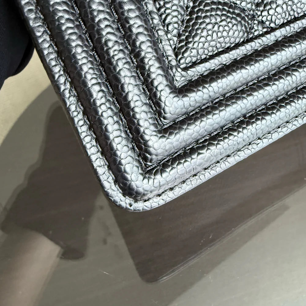 Chanel Boy Medium - Caviar 25CM Quilted Grained Calfskin Black Gold Hardware Series 19