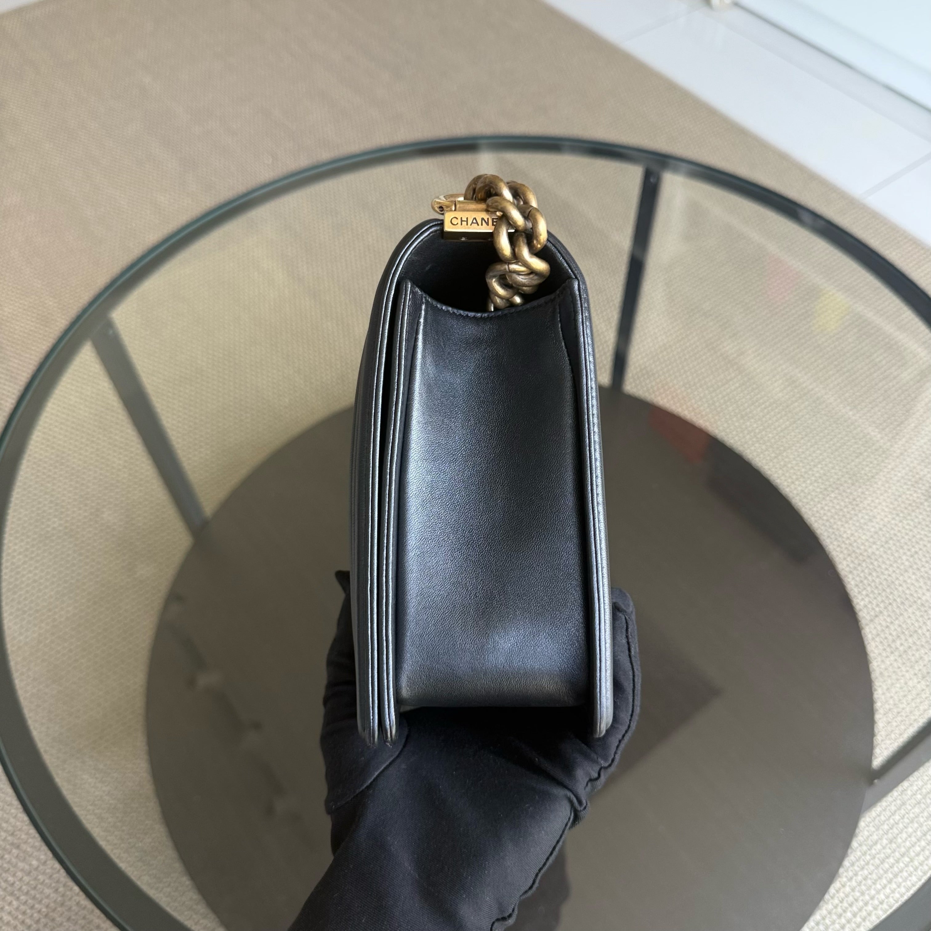 Chanel Boy New Medium - 28CM Quilted Lambskin Black Gold Hardware Series 26