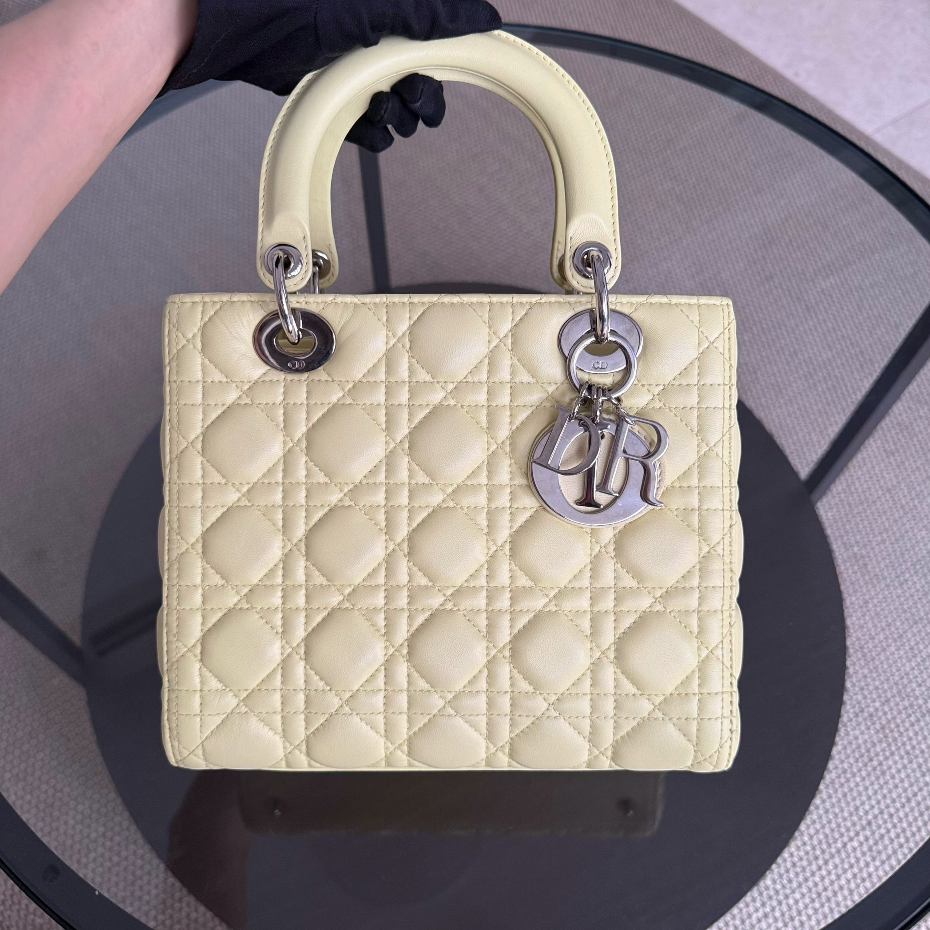 Dior Lady Medium - Cannage Lambskin Light Yellow Silver Hardware