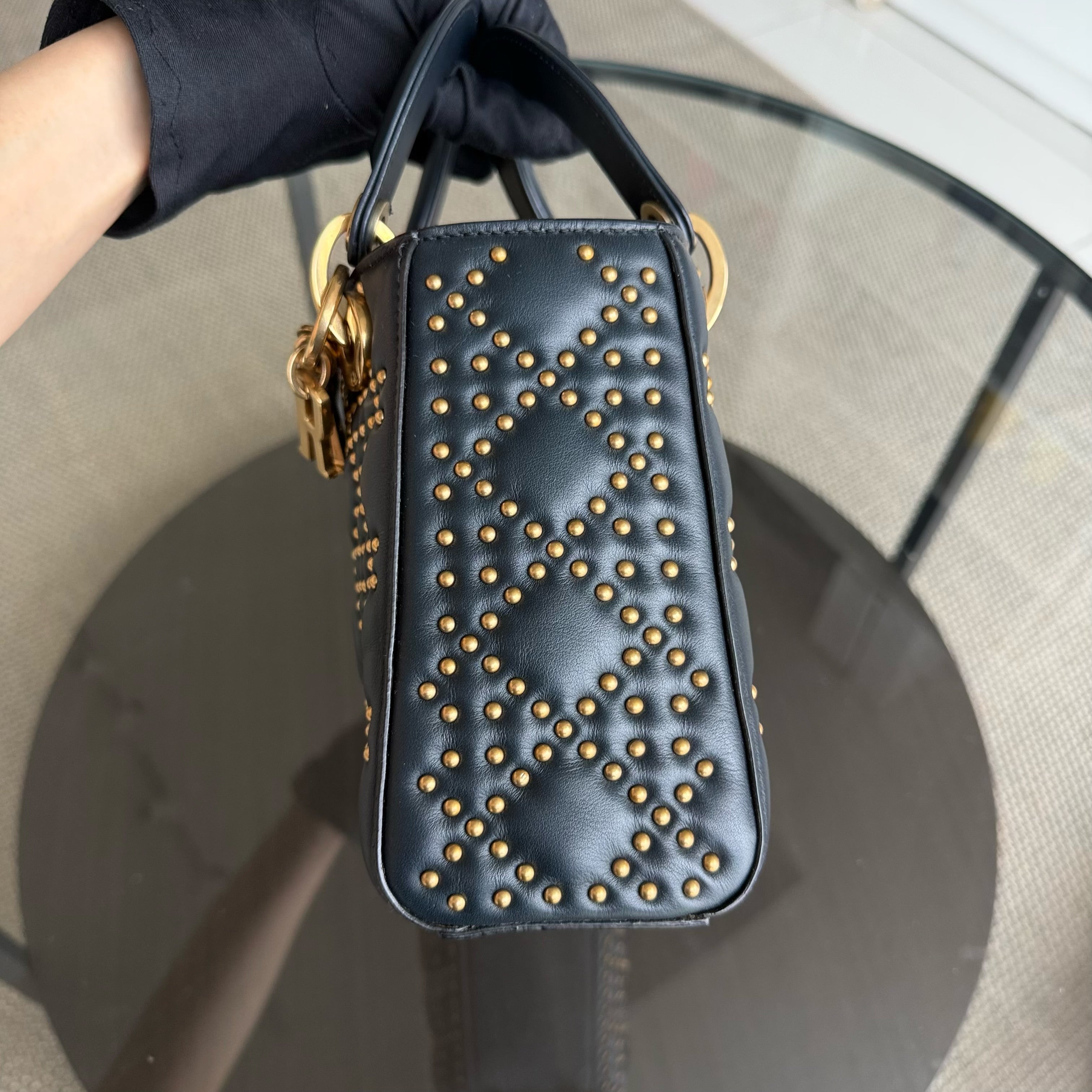 Dior Lady Small Flap - Cannage Calfskin Studded Black Gold Hardware