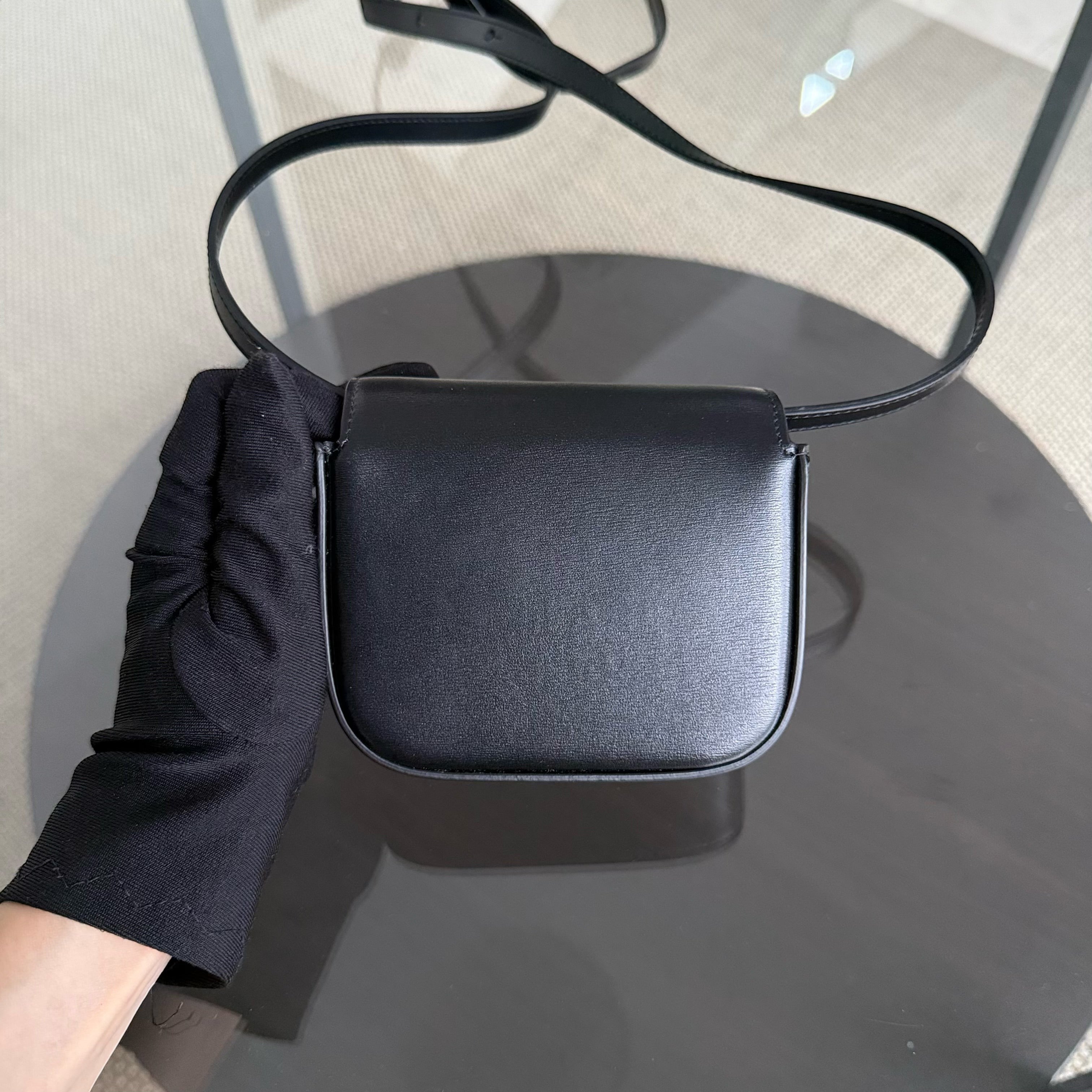 Celine Triomphe Mini Claude Flap Bag in Black Shiny Calfskin and GHW