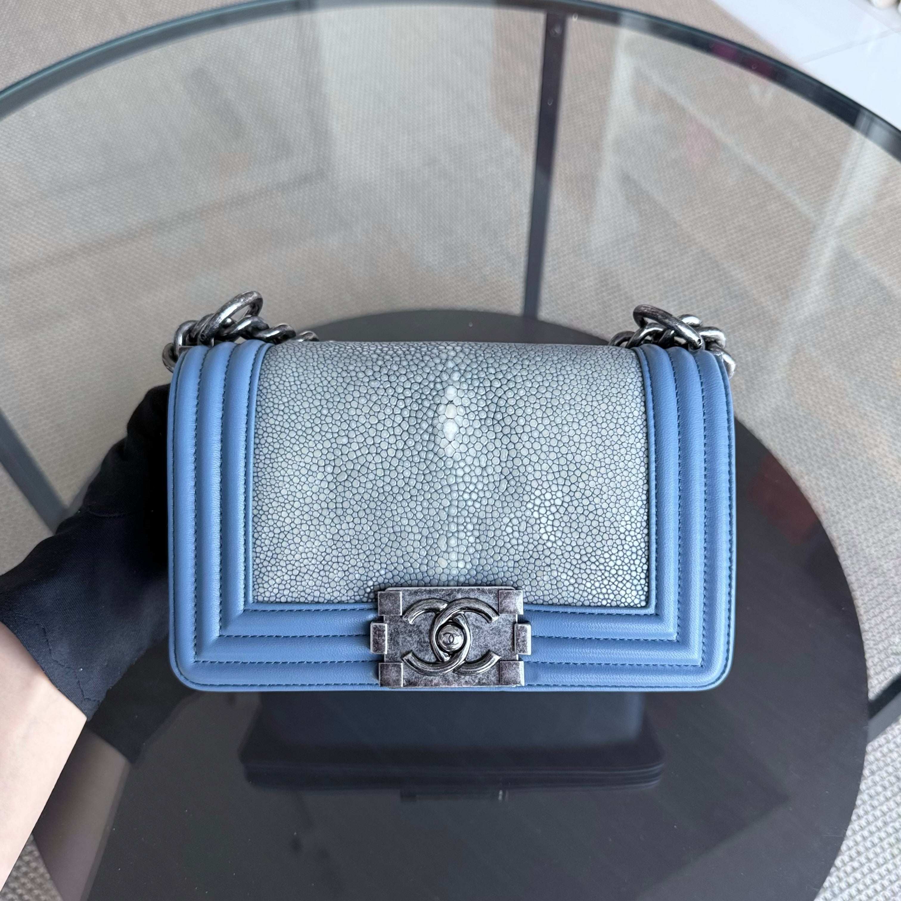 Chanel Boy Small - Stingray Light Blue Ruthenium Silver Hardware Series 22
