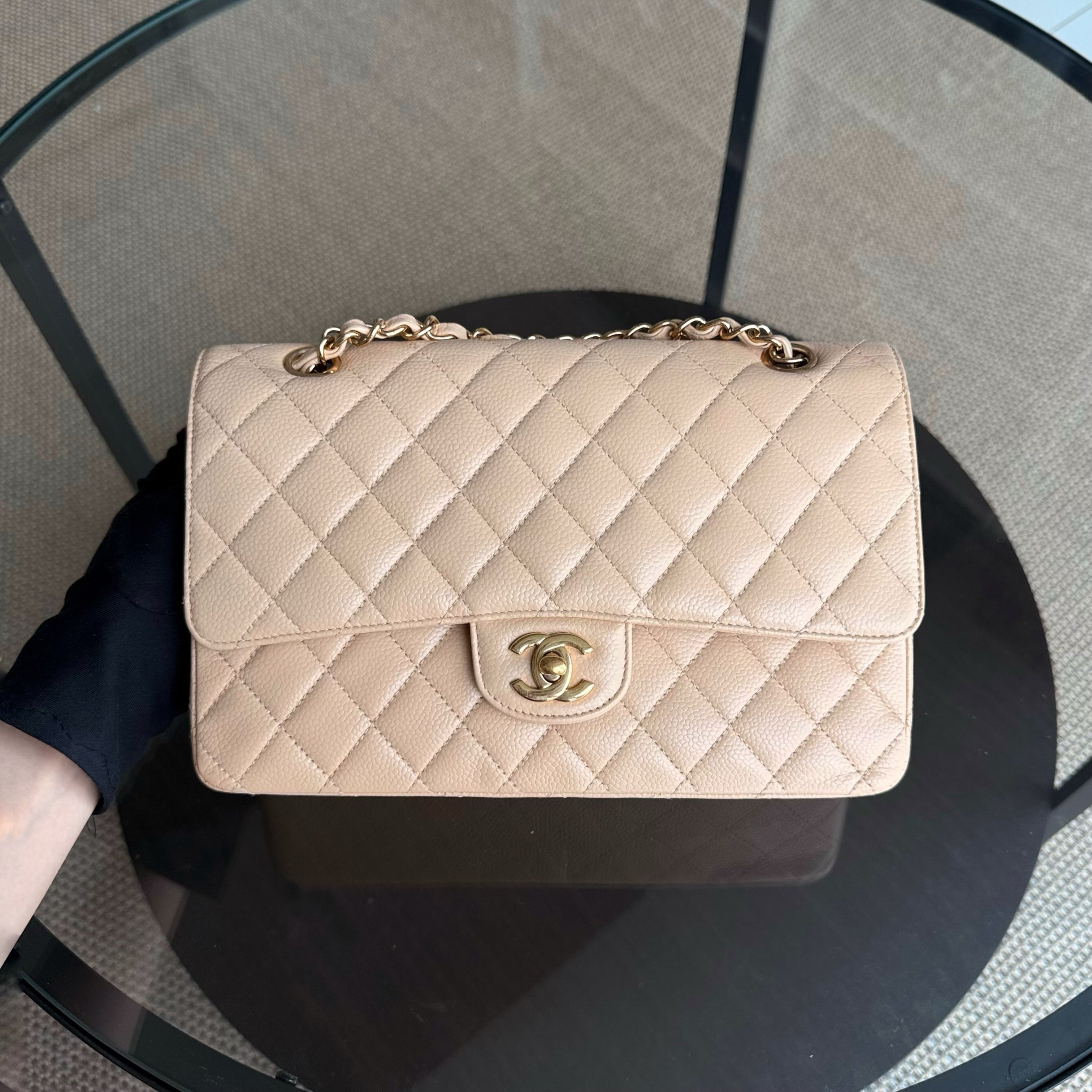 Chanel Classic Flap Medium - Caviar 25CM Quilted Grained Calfskin Beige Gold Hardware Series 16