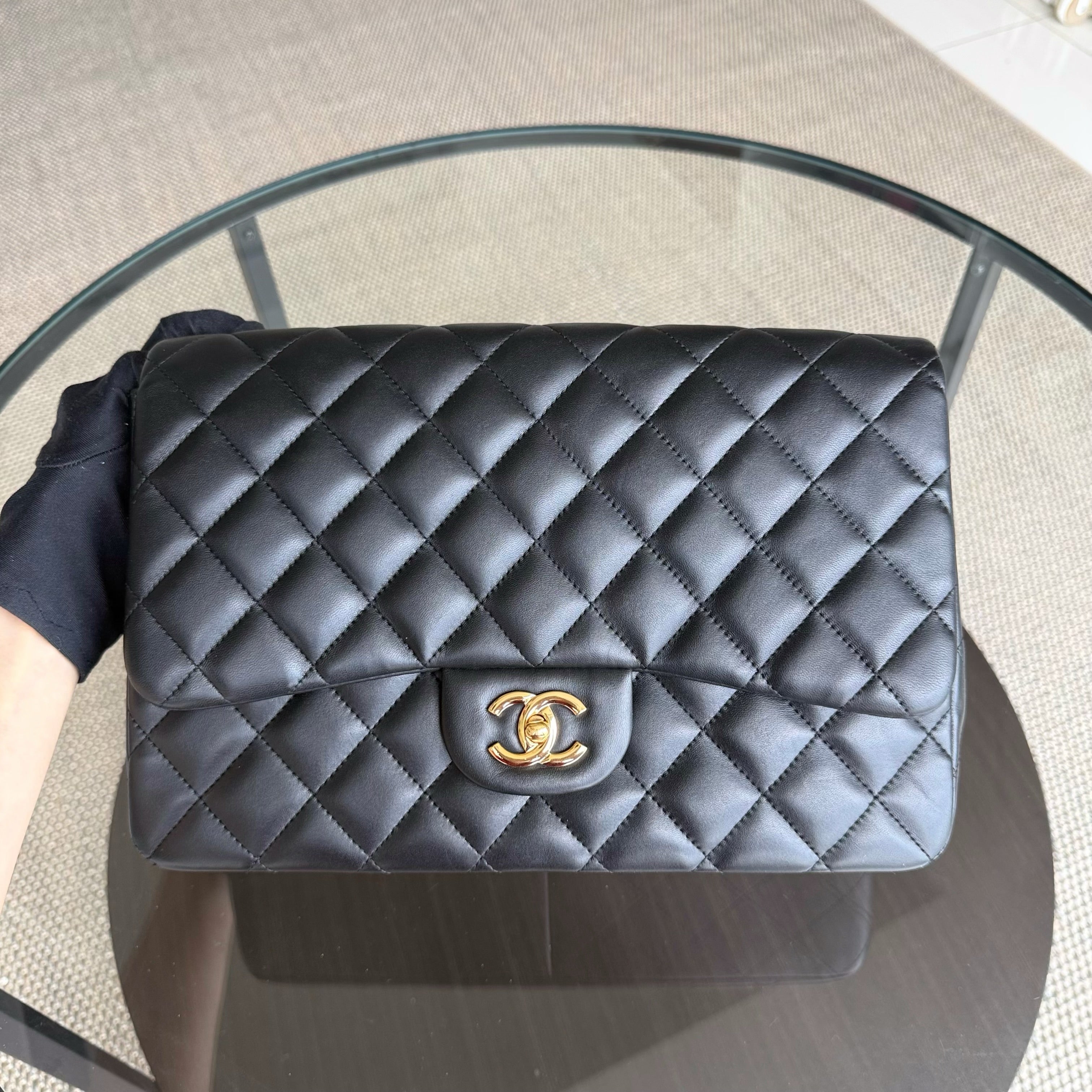 Chanel Classic Flap Jumbo - 30CM Single Flap Quilted Lambskin Black Gold Hardware Series 14
