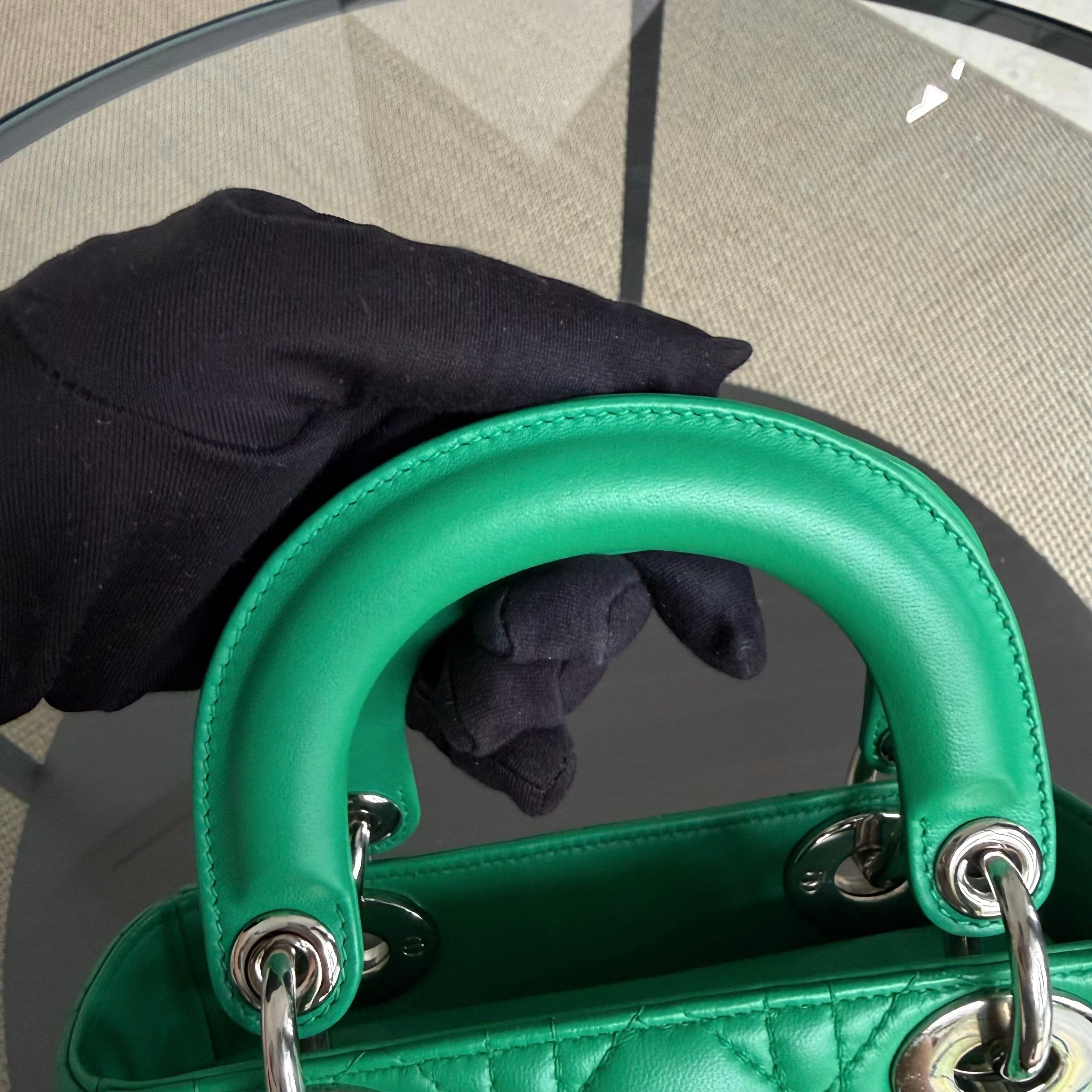 Dior Lady Mini - Cannage Lambskin Emerald Green Silver Hardware Adjustable Strap