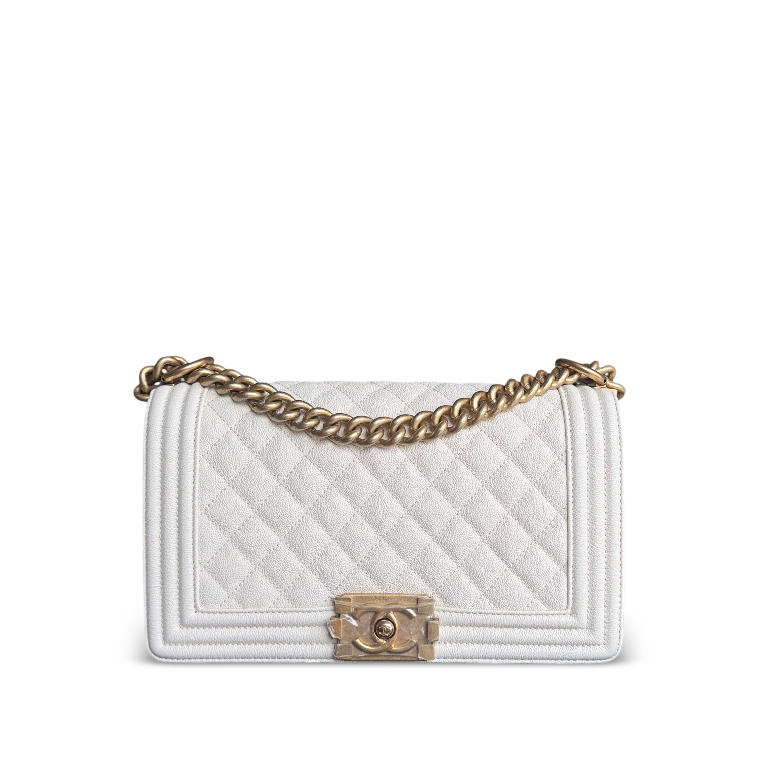 Chanel Boy Medium - Caviar 25CM Cream White Aged Gold Hardware Series 26