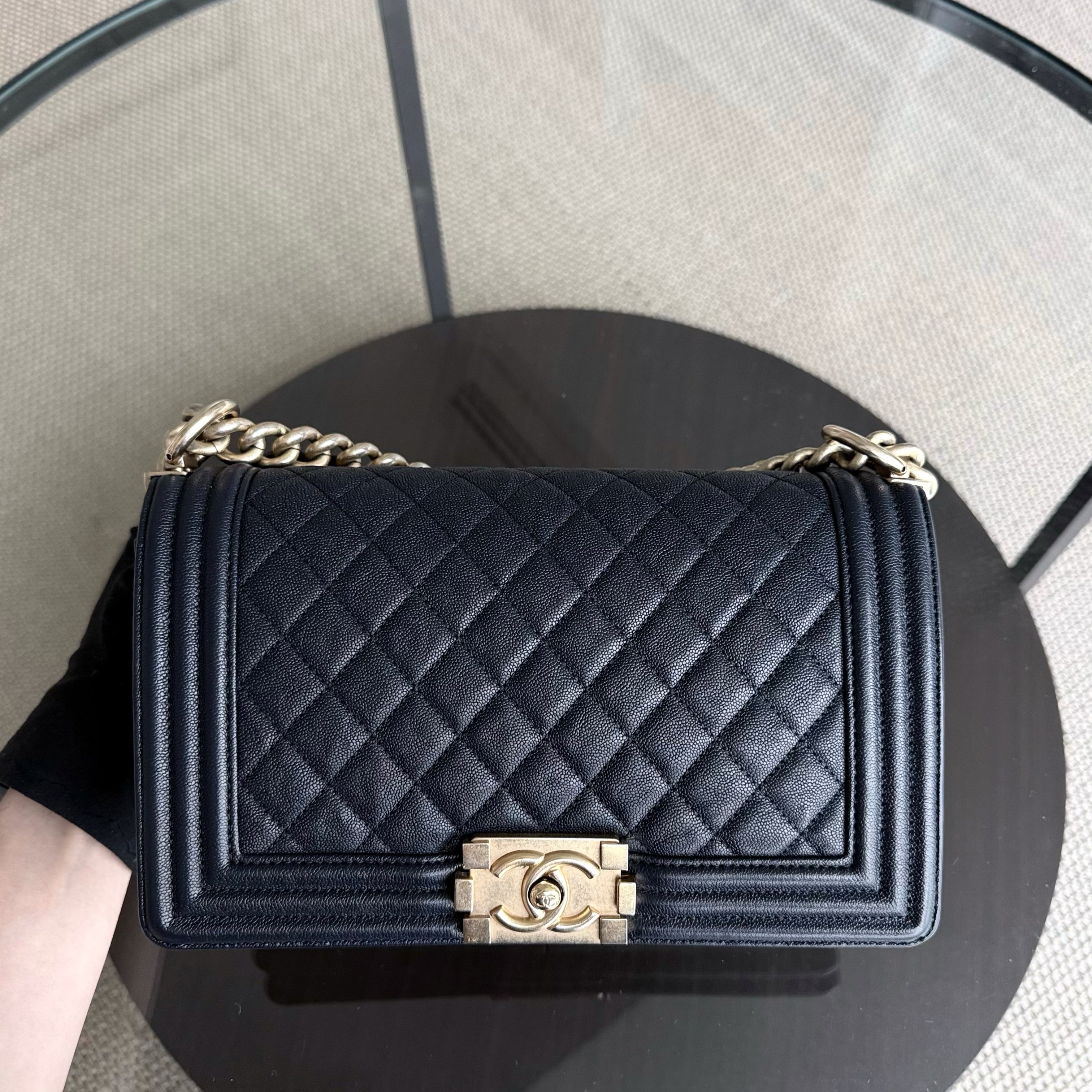 Chanel Boy Medium - Caviar 25CM Quilted Midnight Dark Blue Gold Hardware Series 27