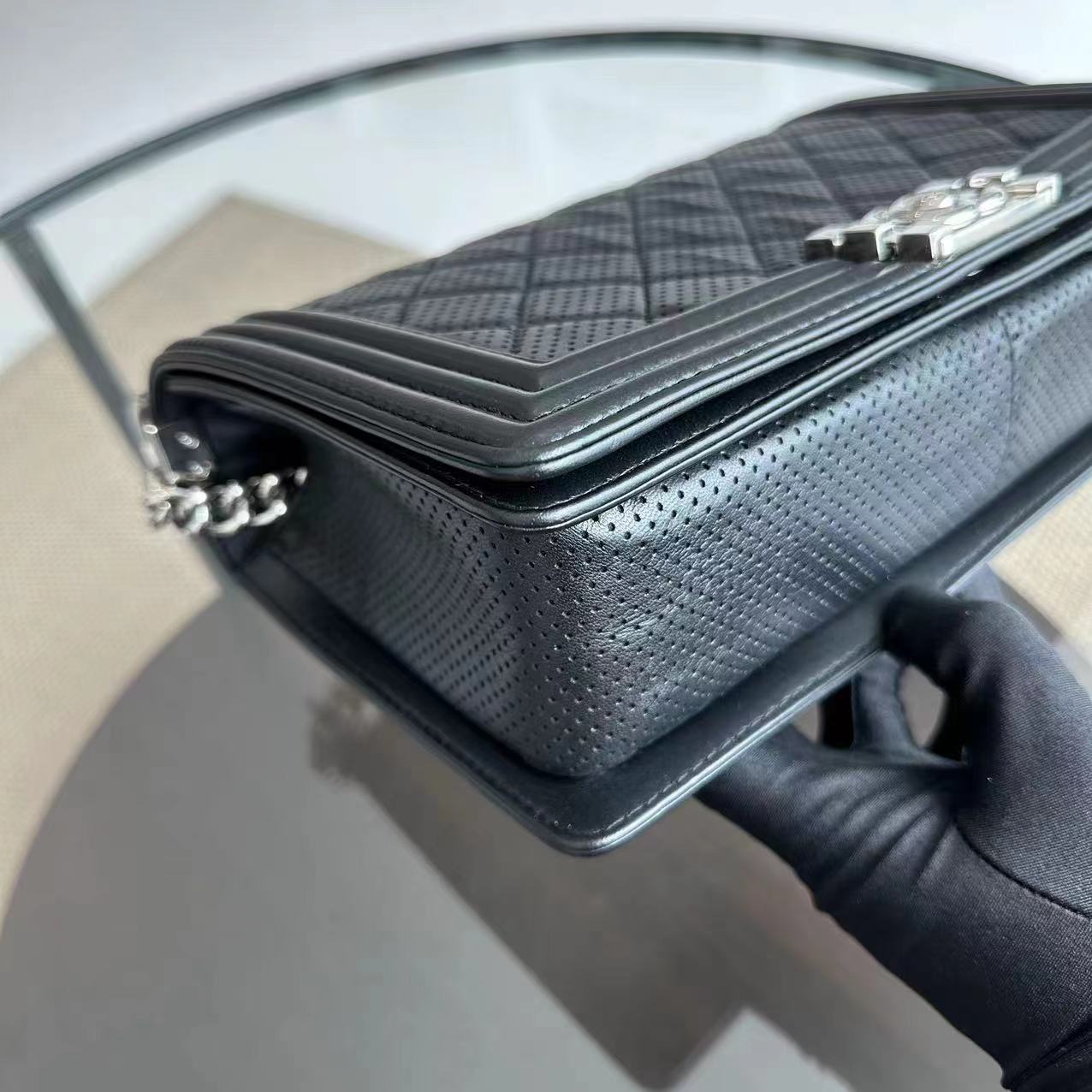 Chanel Boy Medium - 28CM Quilted Lambskin Perforated Black Silver Hardware Series 19