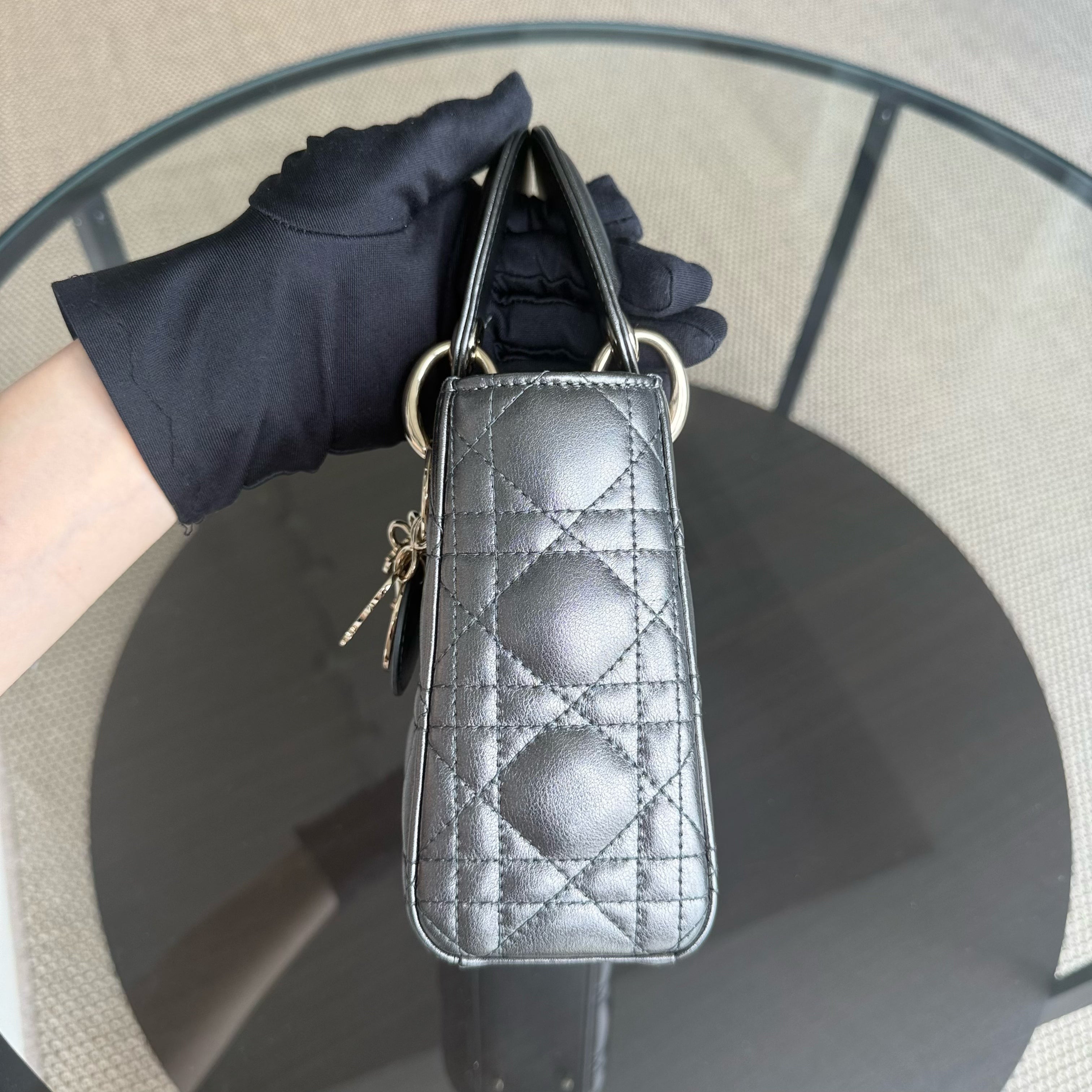 Dior Lady Mini - Cannage Calfskin Silver Gunmetal Gold Hardware Chain Strap