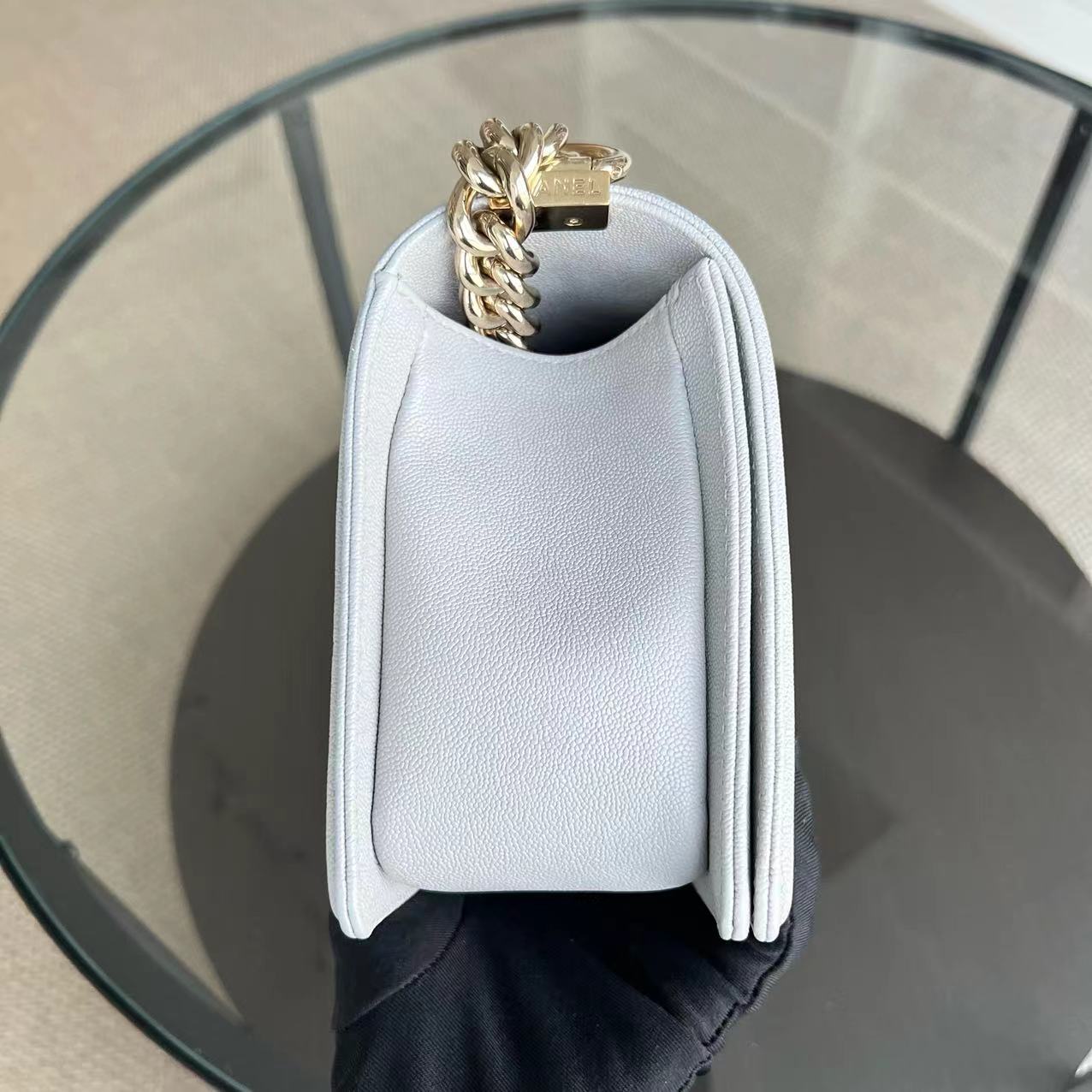 Caviar Boy Old Medium 25CM Quilted Grained Calfskin Light Grey Gray Golden Hardware Series 28