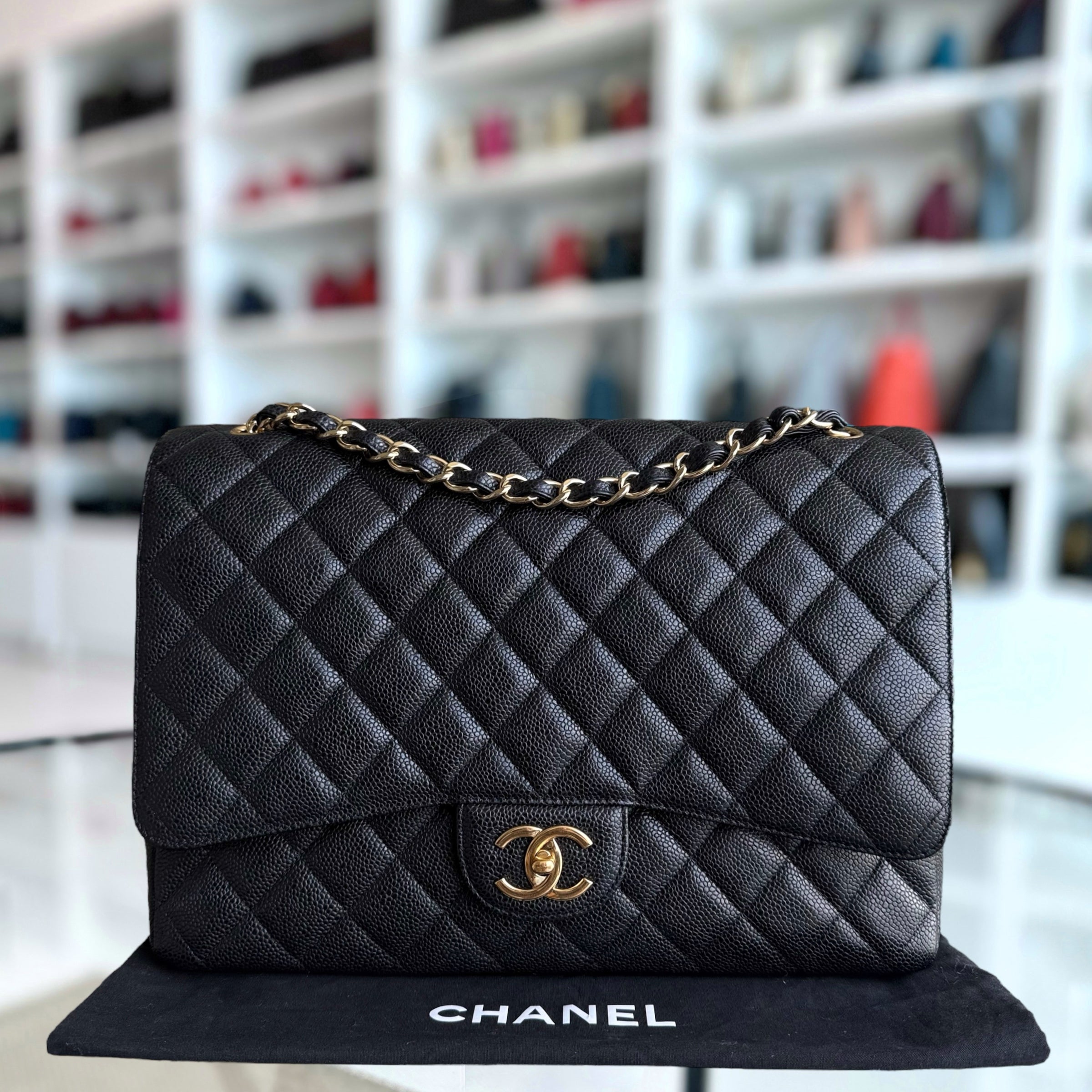 Chanel Classic Flap Maxi - Caviar Double Flap 33CM Quilted Black Gold Hardware Series 14