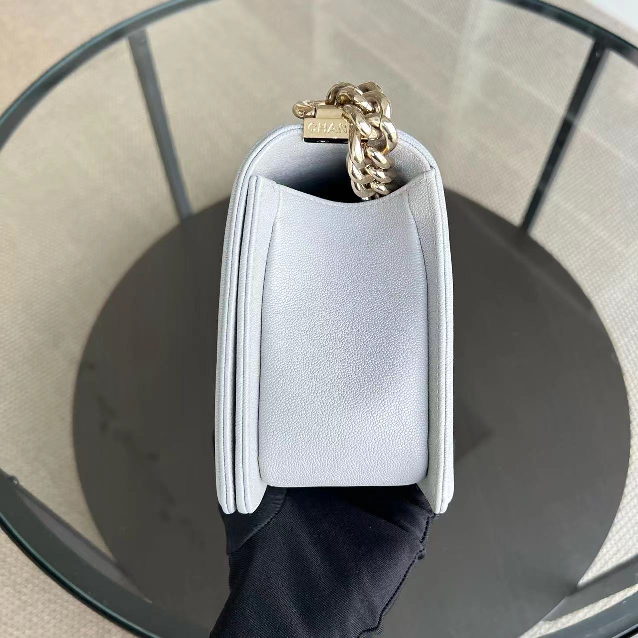 Caviar Boy Old Medium 25CM Quilted Grained Calfskin Light Grey Gray Golden Hardware Series 28