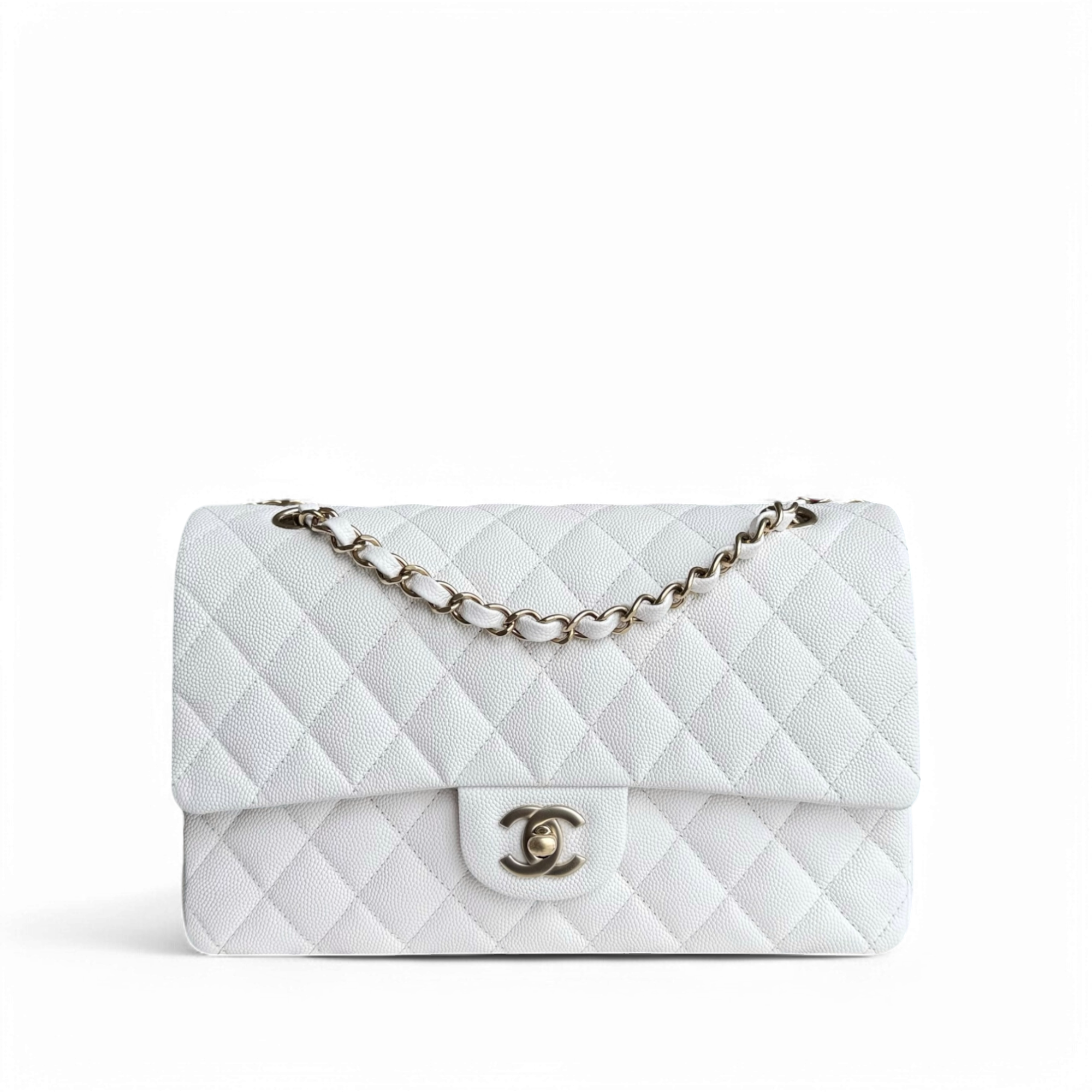 Chanel Classic Flap Medium - Caviar 25CM Quilted Snow White Gold Hardware Microchip