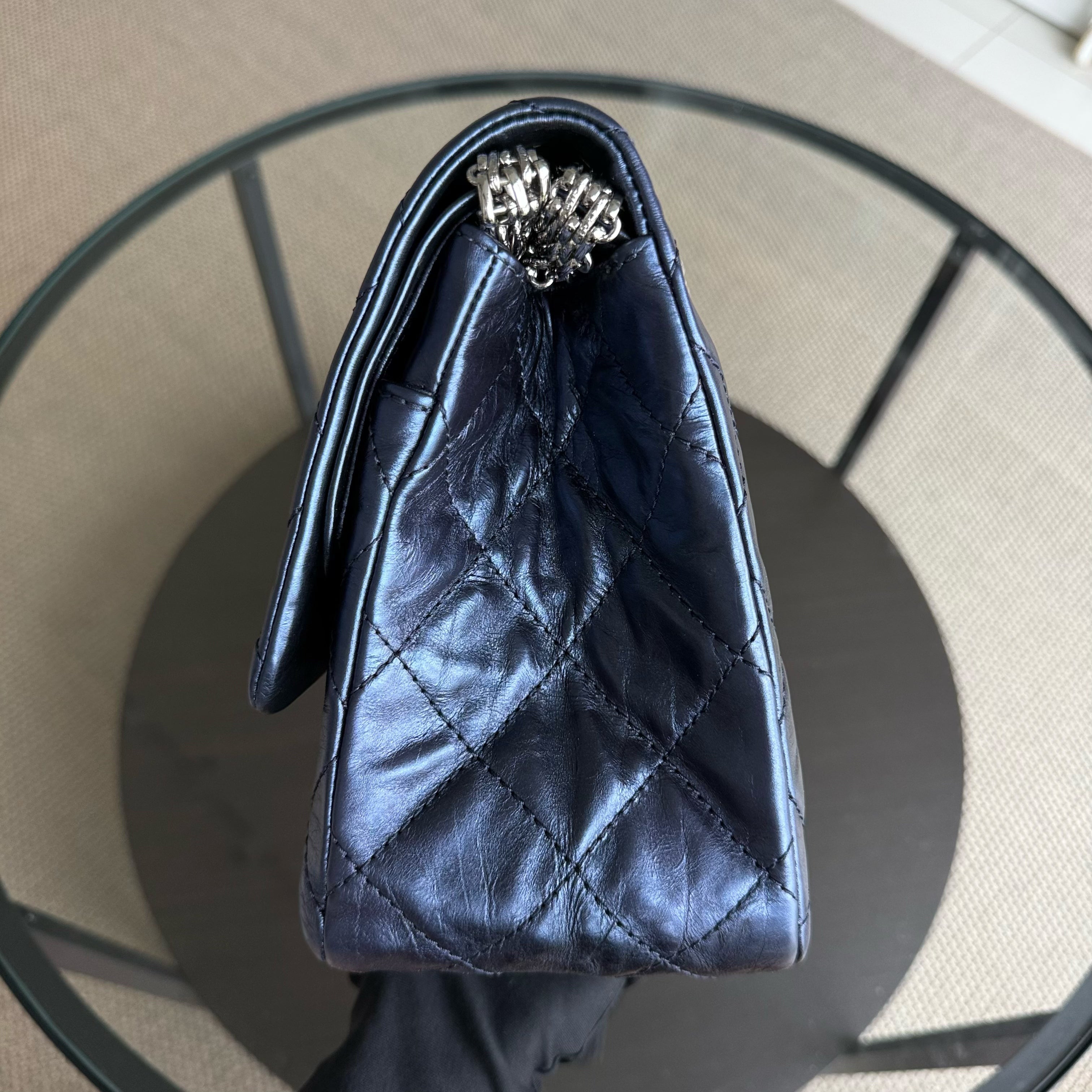 Chanel 2.55 Reissue 228 Maxi - 35CM Quilted Metallic Calfskin Blue Ruthenium Silver Hardware Series 12