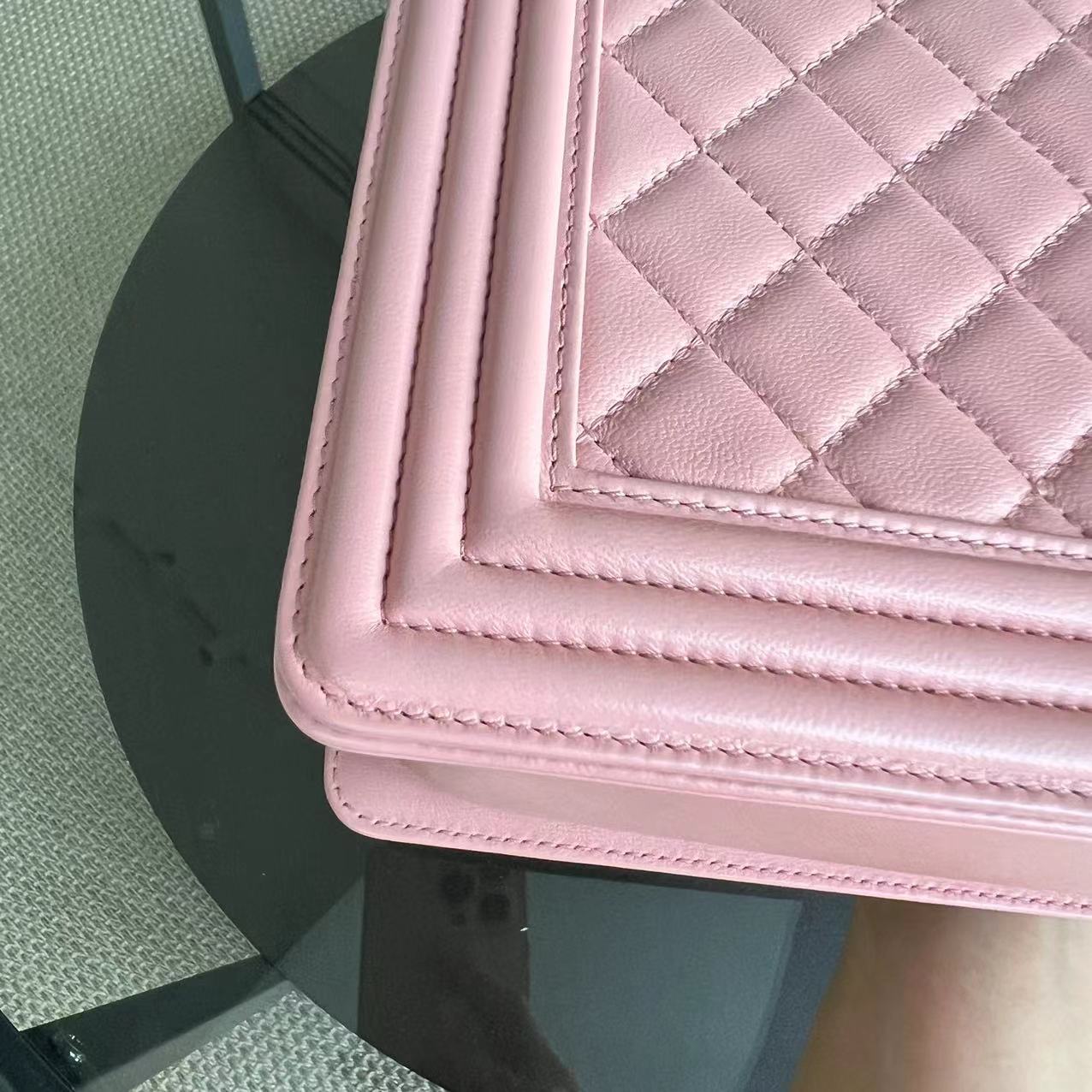 Boy New Medium 28CM Quilted Lambskin Sakura Pink Leboy Ruthenium Silver Hardware Series 20