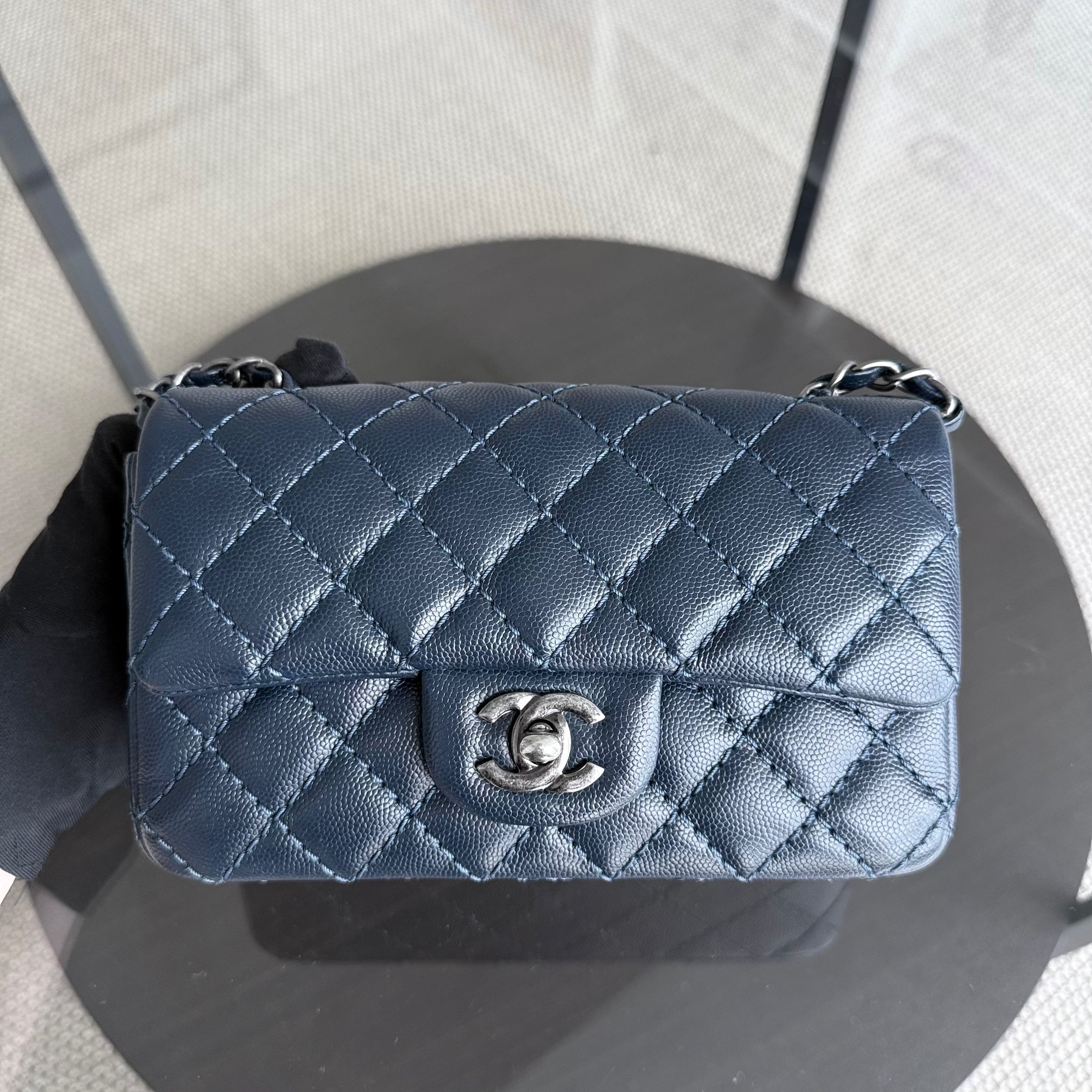 Chanel Classic Flap Mini Rectangle - Caviar 20CM Quilted Dark Blue Ruthenium Silver Hardware Series 23