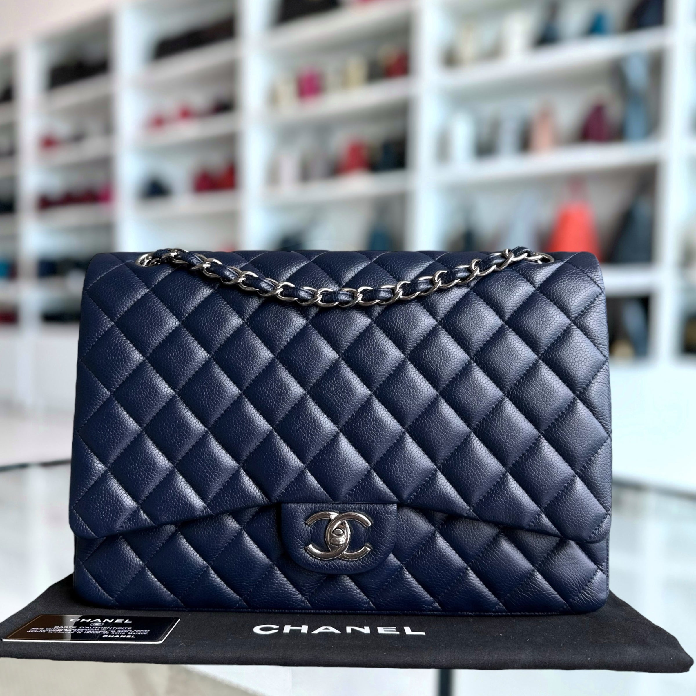 Chanel Classic Flap Maxi - Caviar 33CM Double Flap Quilted Dark Navy Blue Silver Hardware Series 15