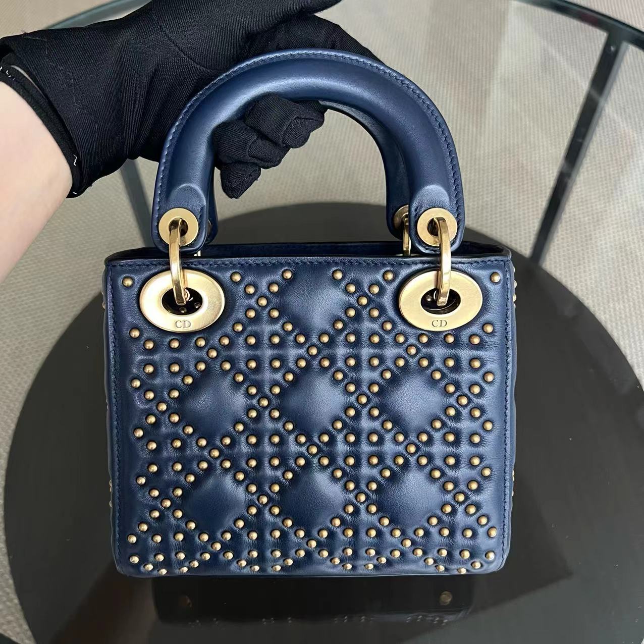 Dior Lady Mini - Studded Calfskin Dark Blue Golden Hardware