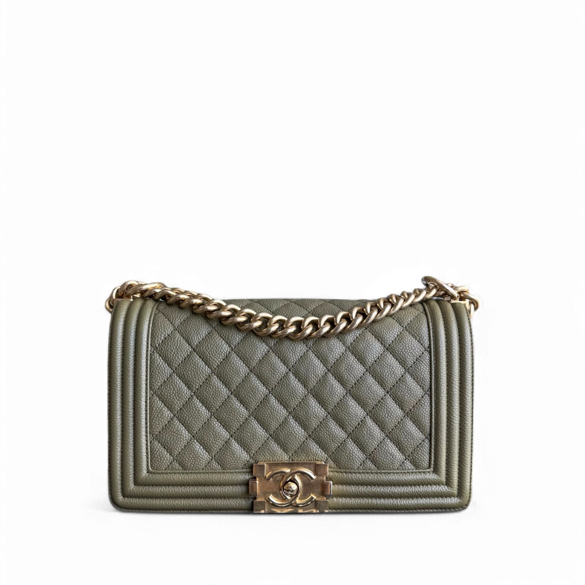 Chanel Boy Medium - Caviar 25CM Quilted Green Gold Hardware