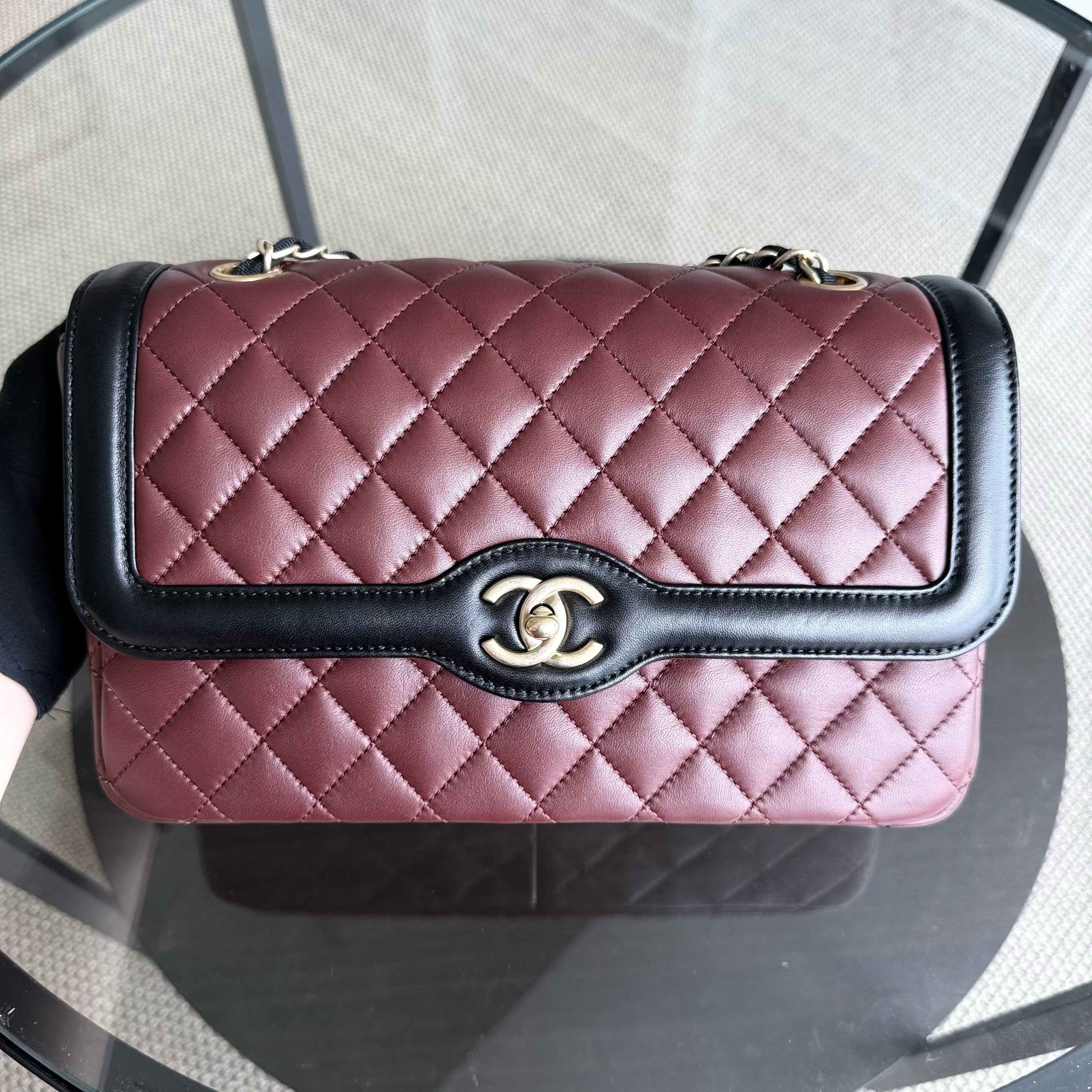 Chanel Seasonal Two-tone Flap Medium - Quilted Lambskin Dark Burgundy Red Black Gold Hardware Series 21