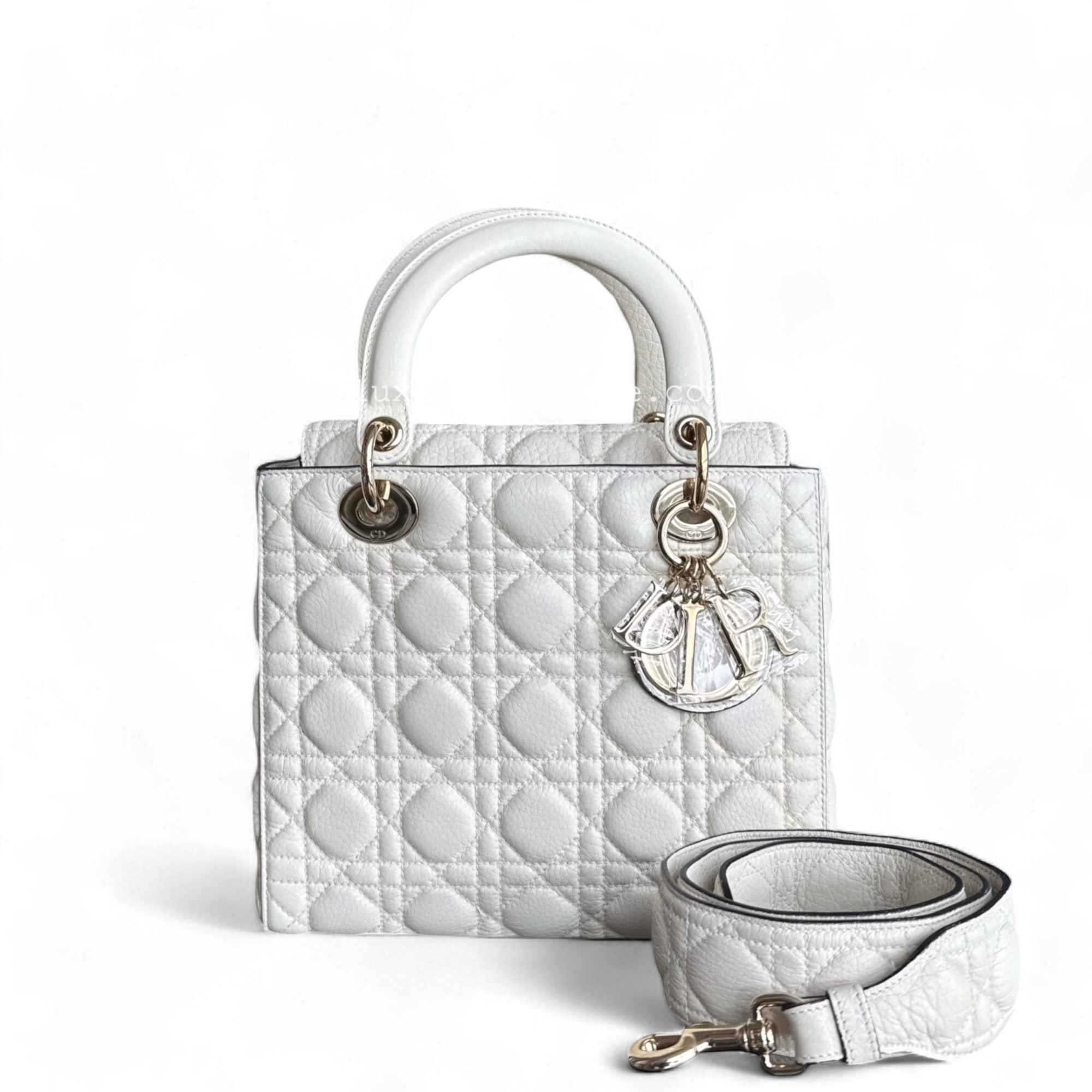 Dior Lady Medium Flap - Grained Calfskin Cannage Cream White Gold Hardware