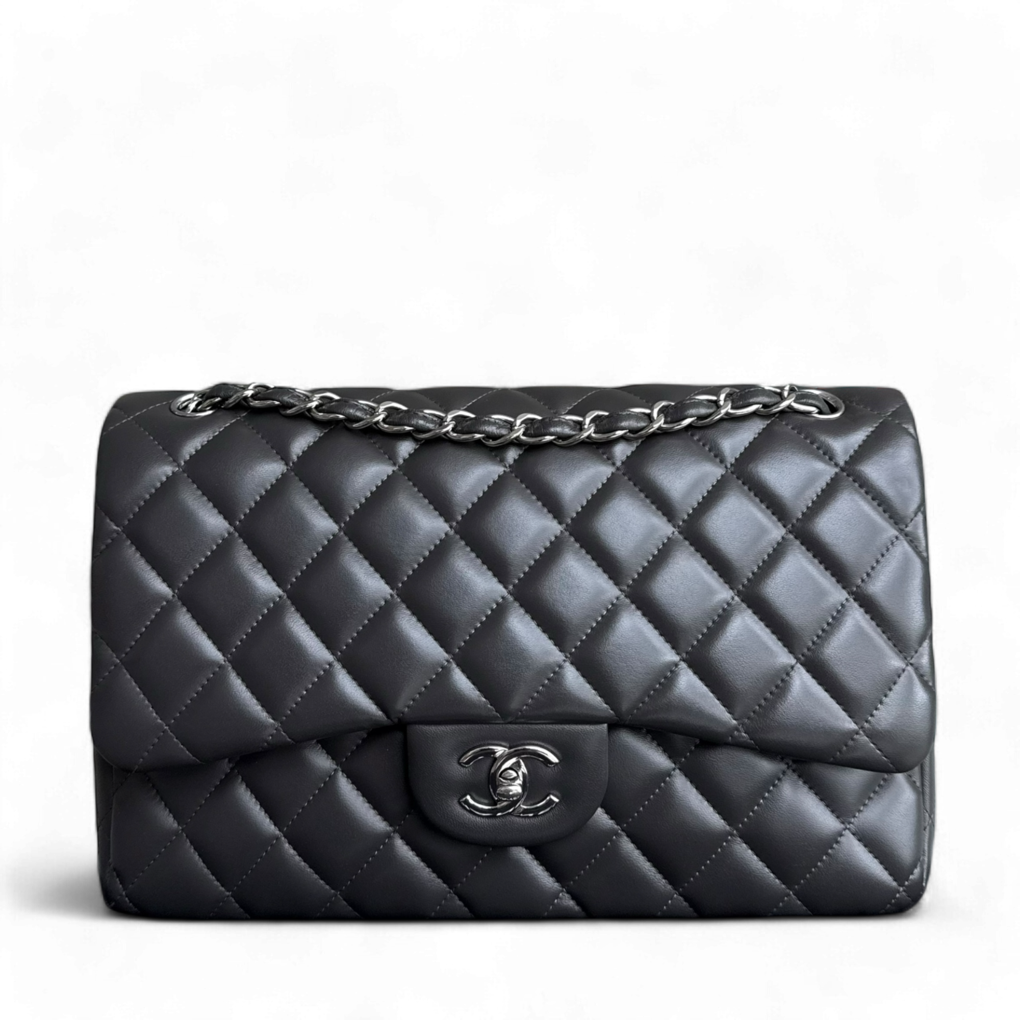 Chanel Classic Flap Jumbo - 30CM Quilted Lambskin Double Flap Dark Grey Gray Silver Hardware Series 16
