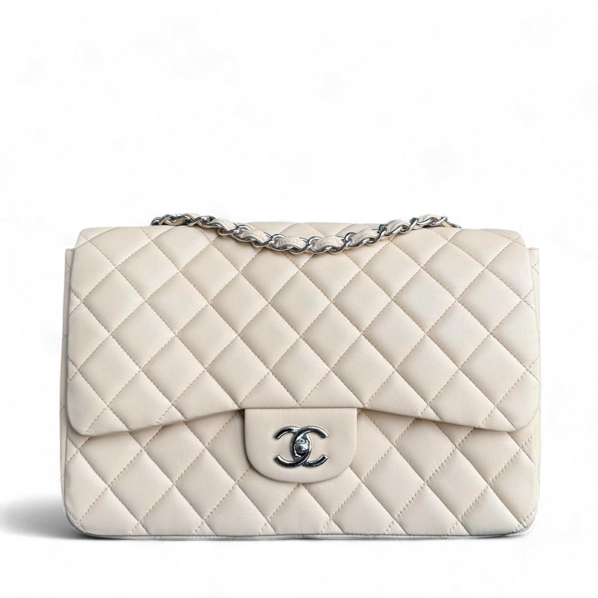 Chanel Classic Flap Jumbo - 30CM Quilted Single Flap Lambskin Beige Silver Hardware Series 13
