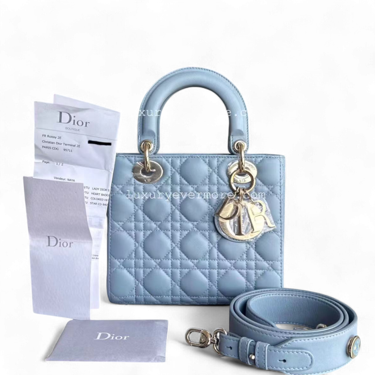 *Full Set, Receipt* Lady Small Cannage Lambskin Light Blue Golden Hardware ABC MyABC