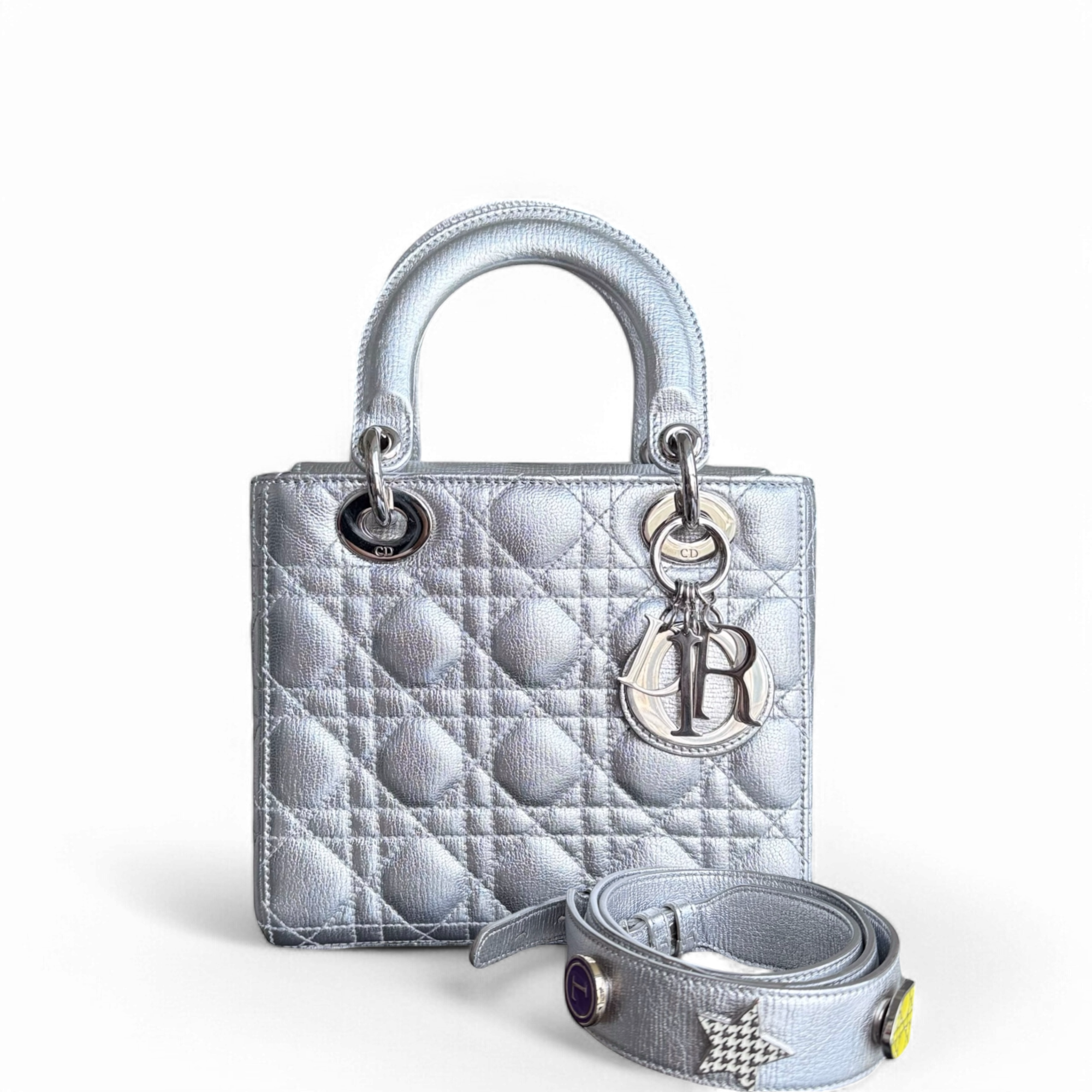 Dior Lady Small - Cannage Metallic Calfskin Silver Silver Hardware
