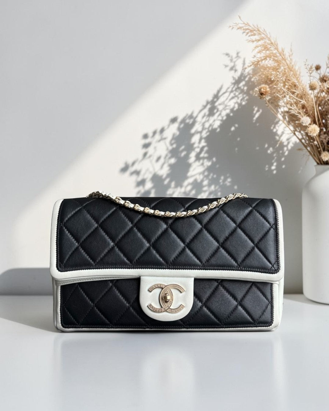 Chanel Seasonal Flap - Medium Graphic Quilted Lambskin Black White Gold Hardware Series 20