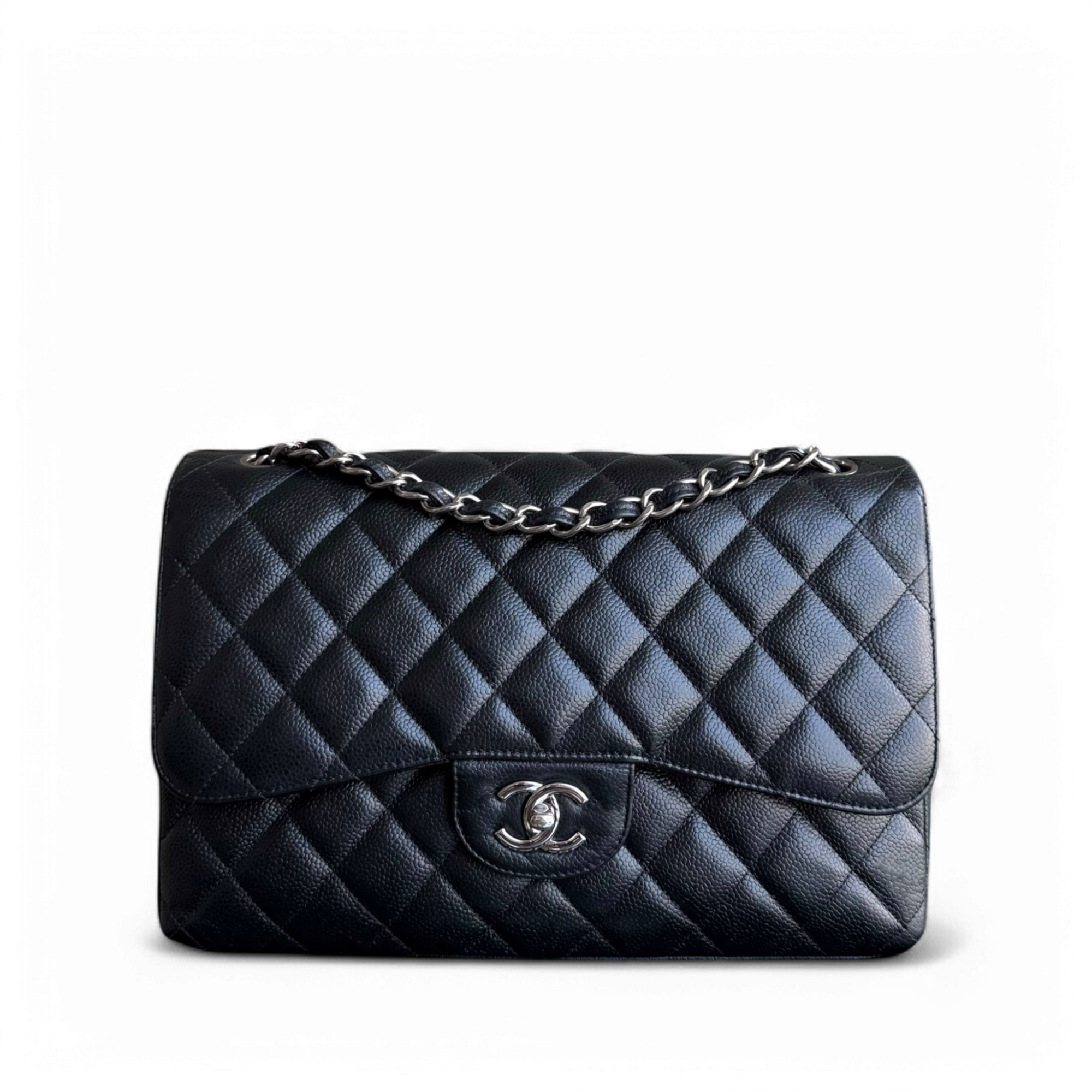 Chanel Classic Flap Jumbo - Caviar 30CM Double Flap Quilted Black Silver Hardware Series 18