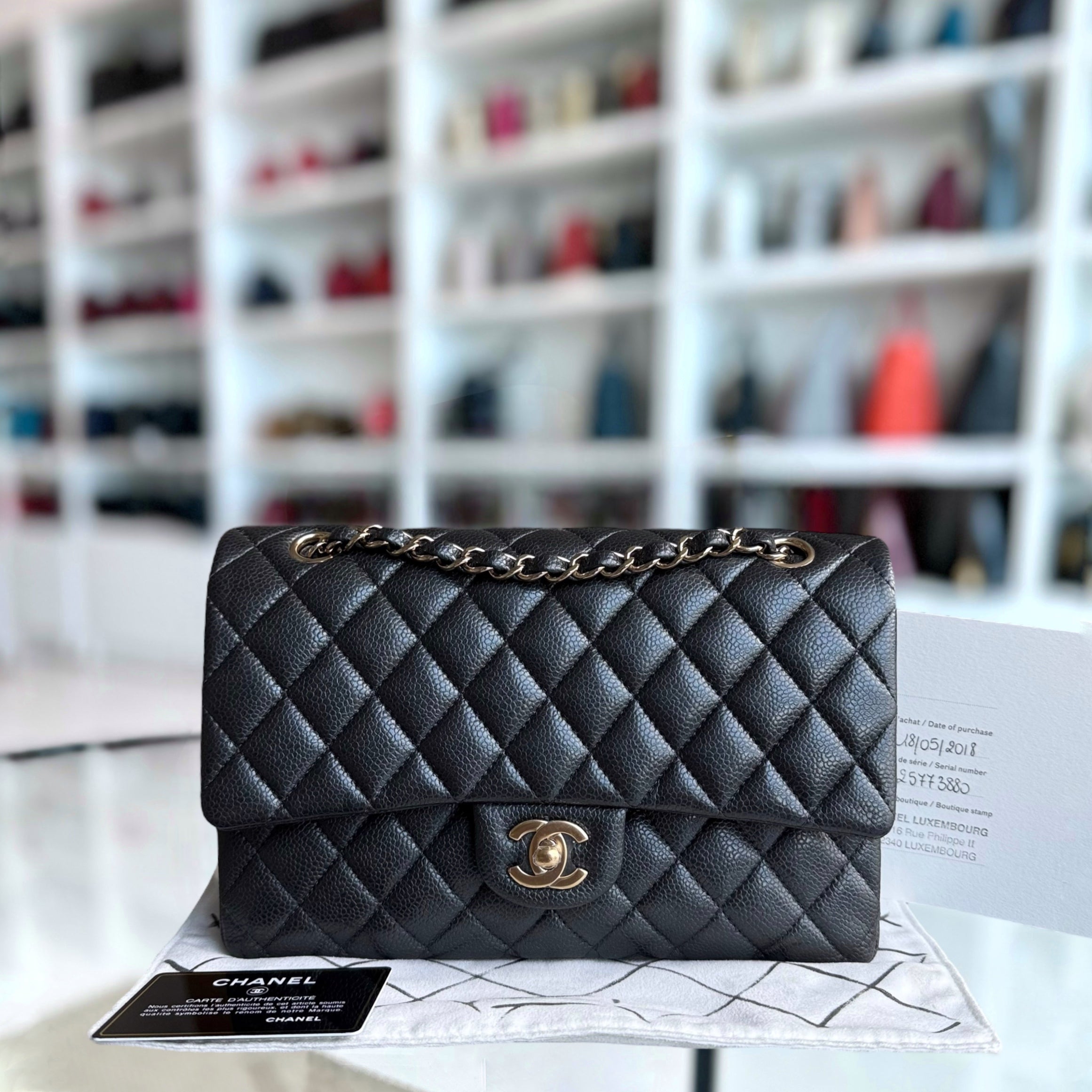 Chanel Classic Flap Medium - Caviar 25CM Quilted Grained Calfskin Charcoal Gold Hardware Series 25