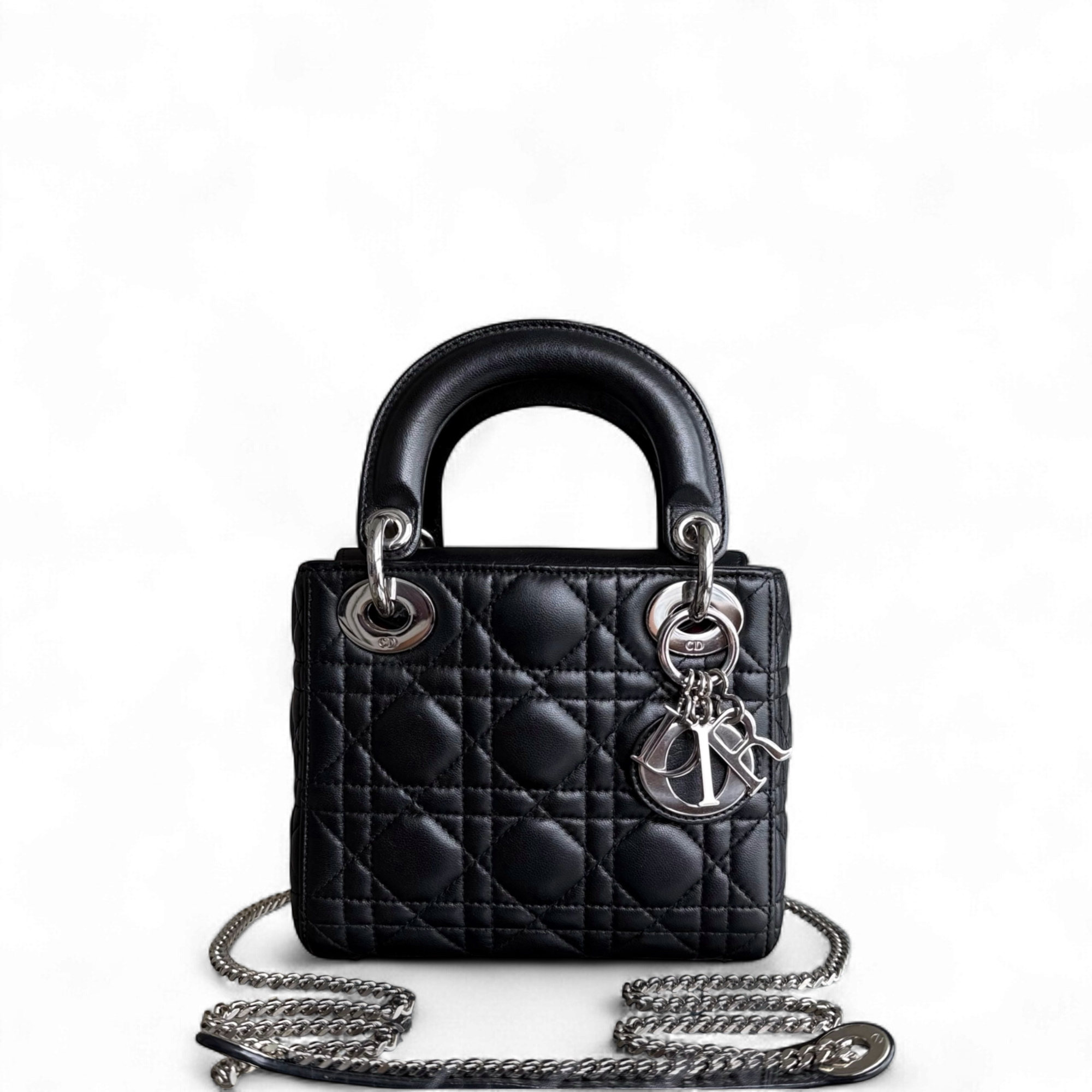 Dior Lady Mini - Cannage Lambskin Black Silver Hardware Chain Strap