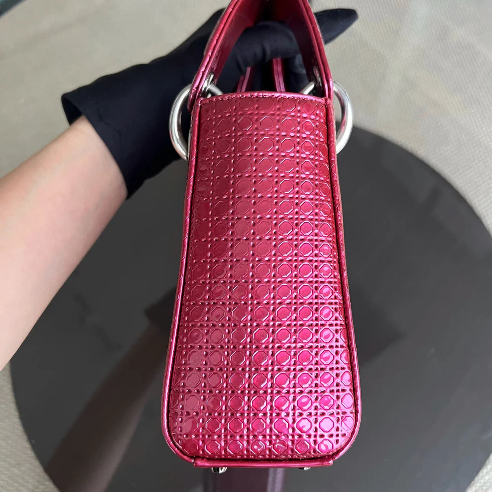 Dior Lady Mini - Calfskin Micro-Cannage Metallic Pink Silver Hardware Adjustable Strap