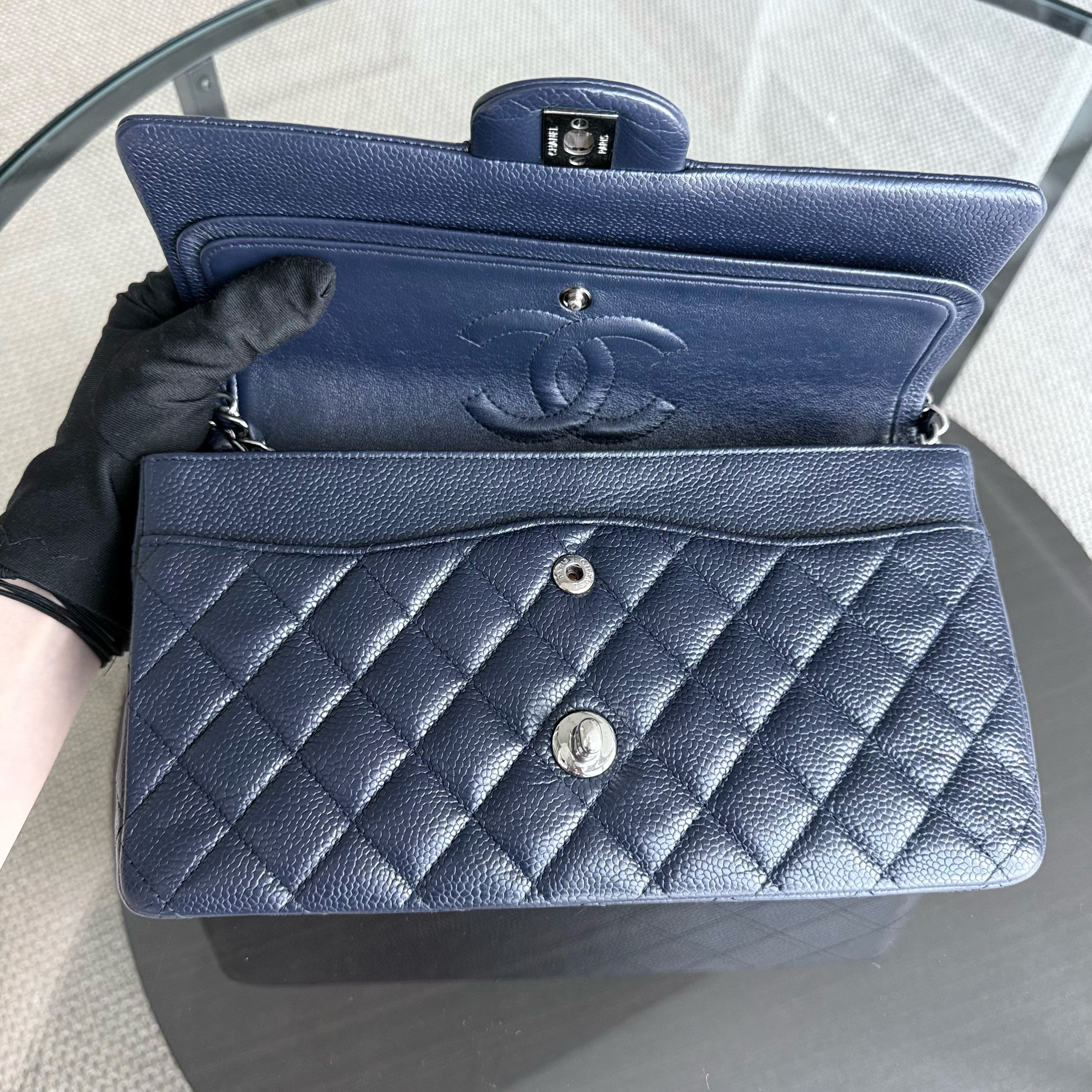 Chanel Classic Flap Medium - Caviar 25CM Quilted Dark Blue Silver Hardware Series 19