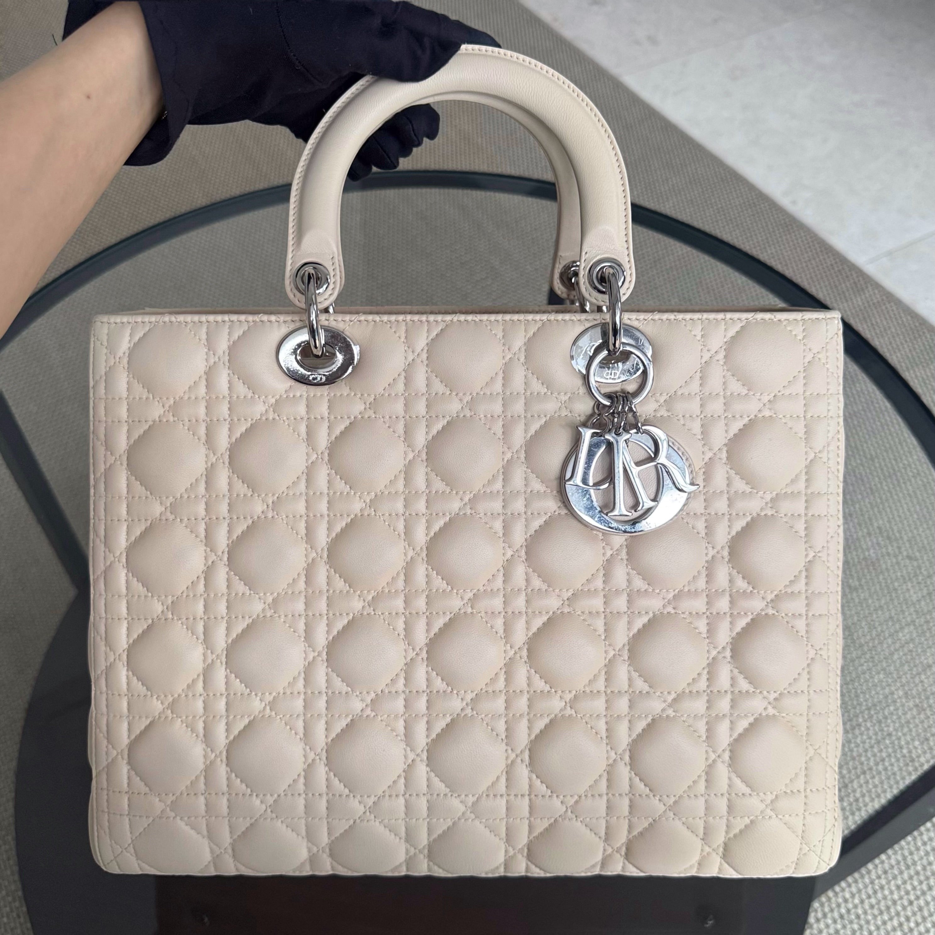 Dior Lady Large - Cannage Lambskin Beige Silver Hardware