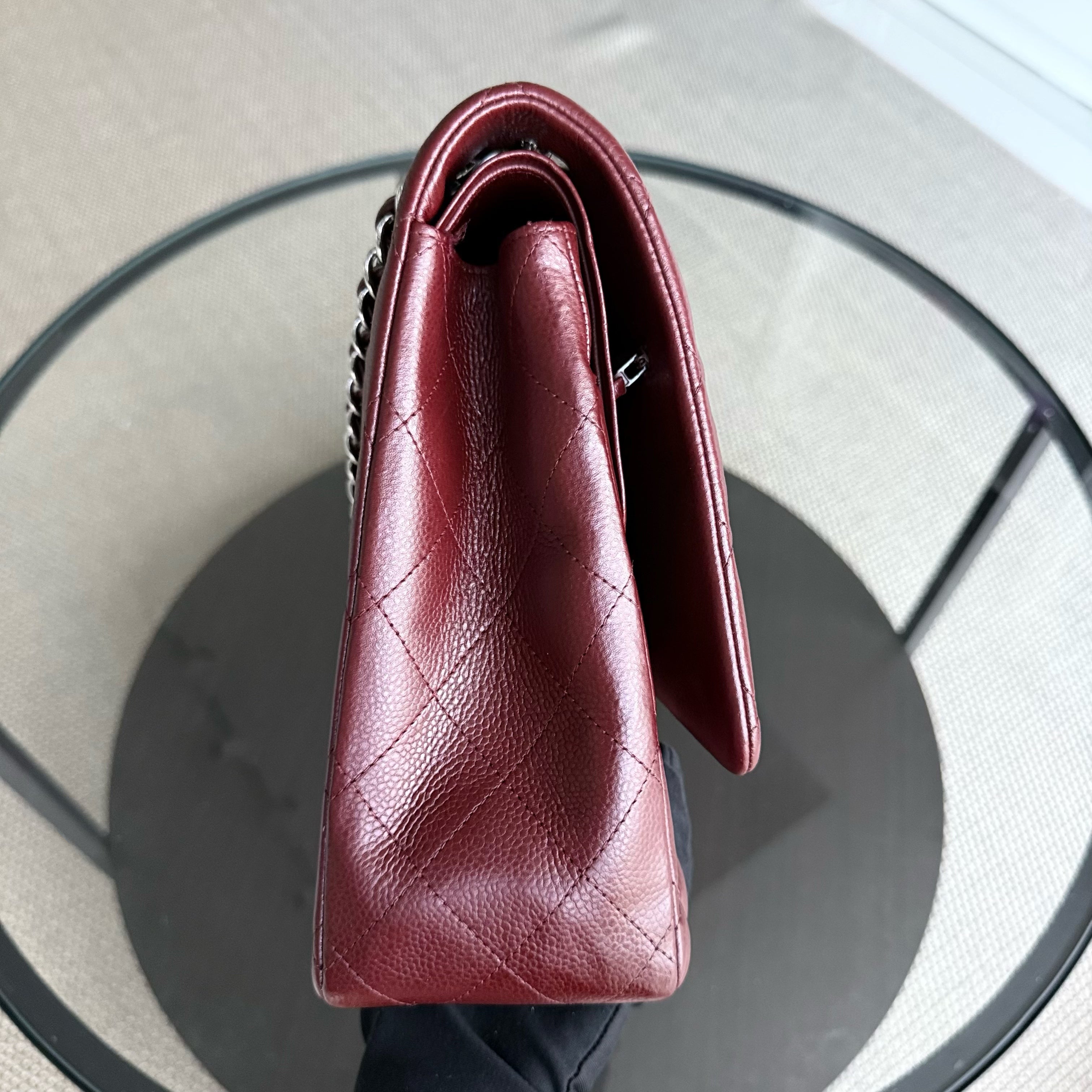 Chanel Classic Flap Maxi - Caviar Double Flap 33CM Quilted Grained Calfskin Burgundy Dark Red Silver Hardware Series 15