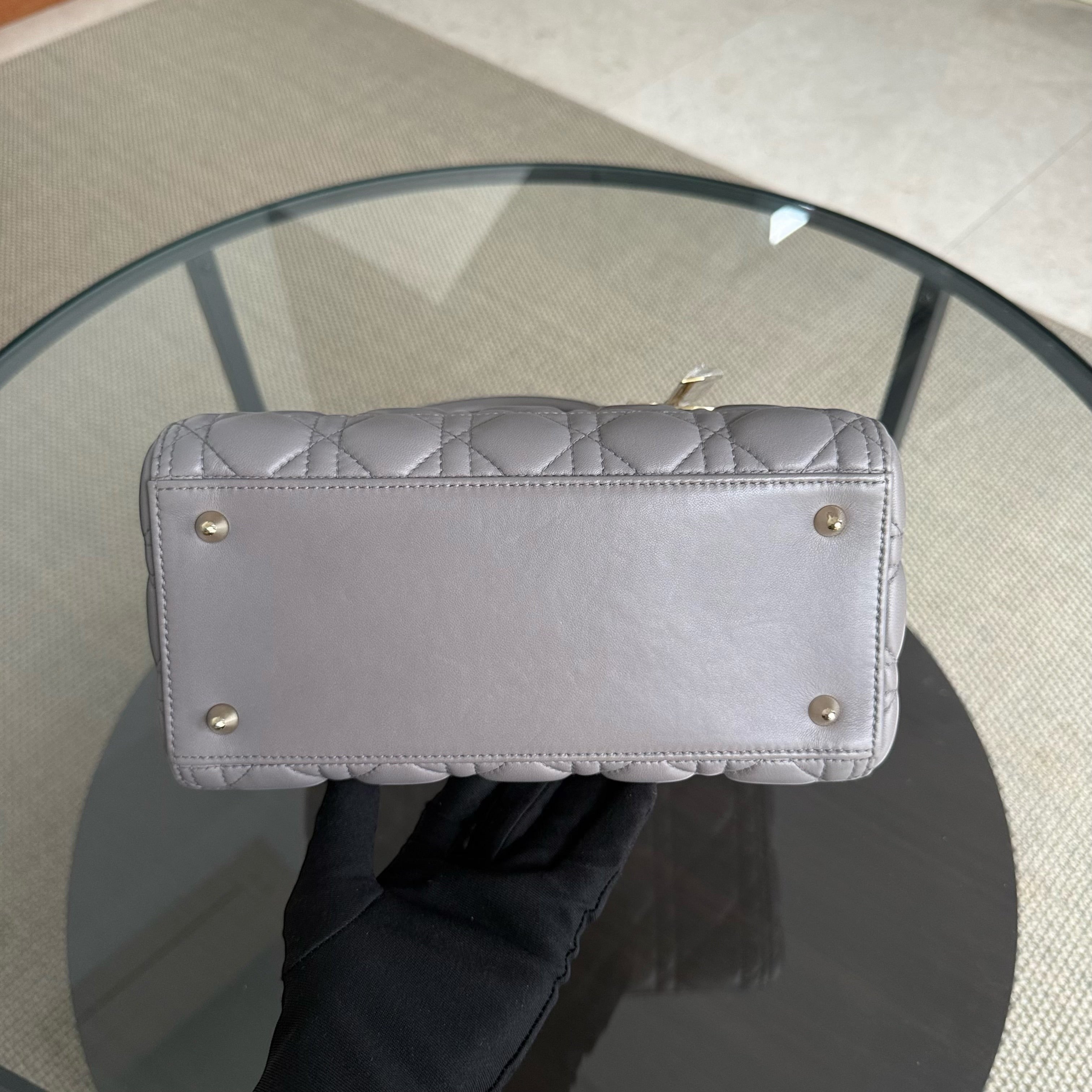 Dior Lady Medium - Cannage Lambskin Gray Grey Gold Hardware Adjustable Strap