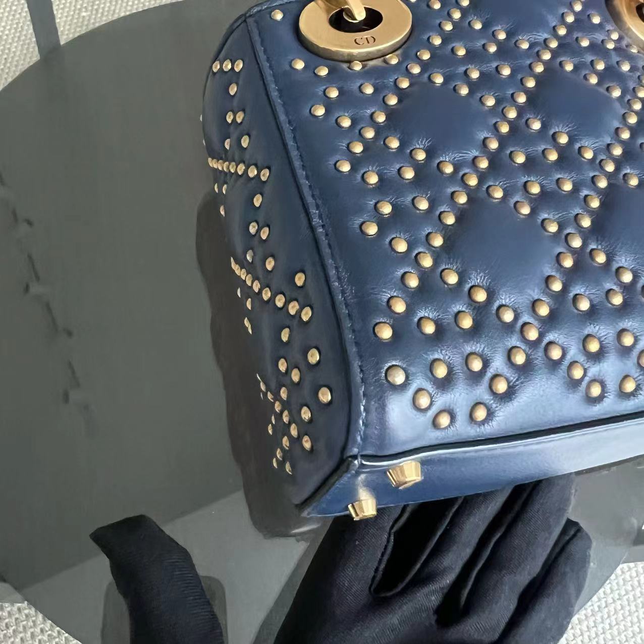 Dior Lady Mini - Studded Calfskin Dark Blue Golden Hardware
