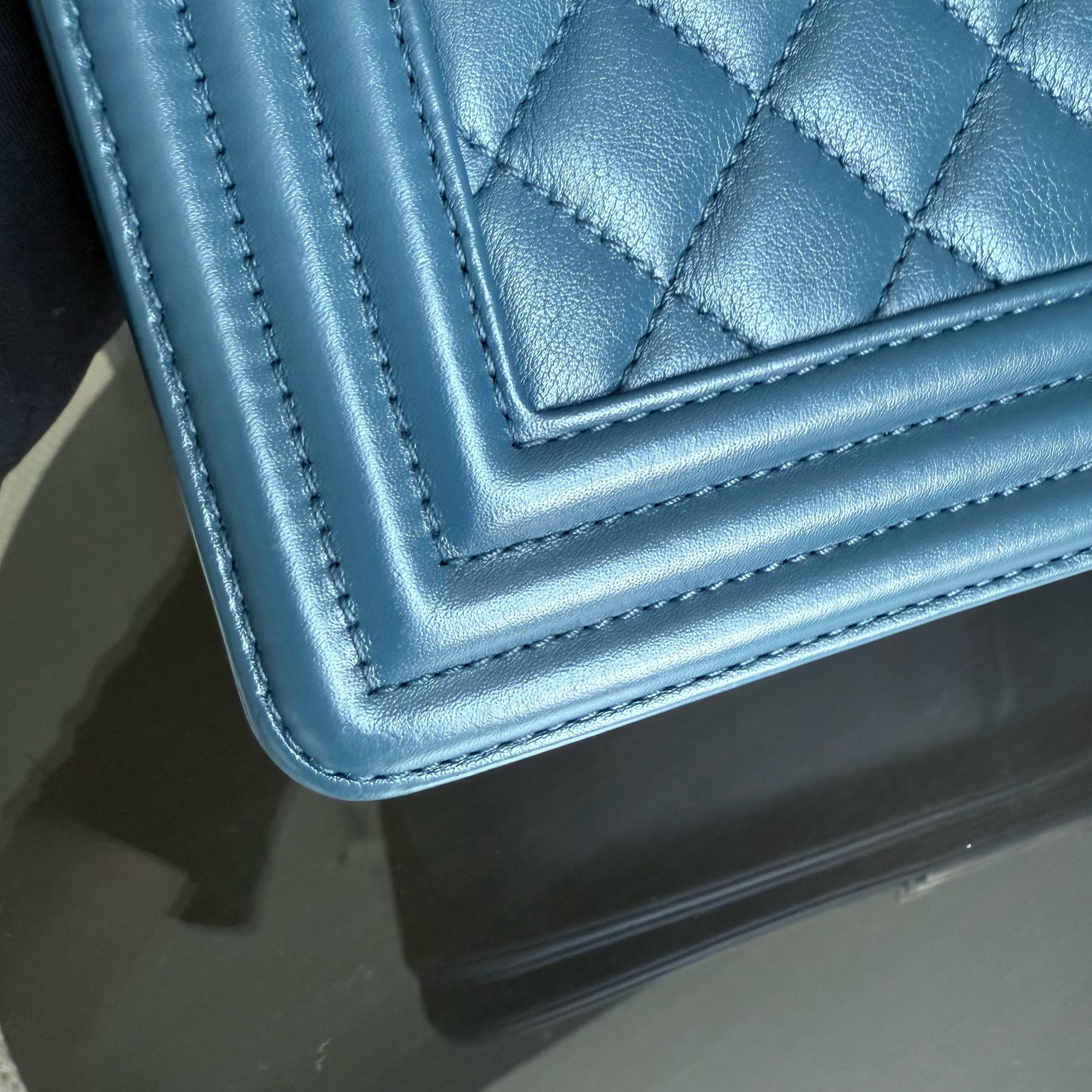 Chanel Boy Medium - Calfskin 25CM Quilted Blue Ruthenium Silver Hardware Series 26