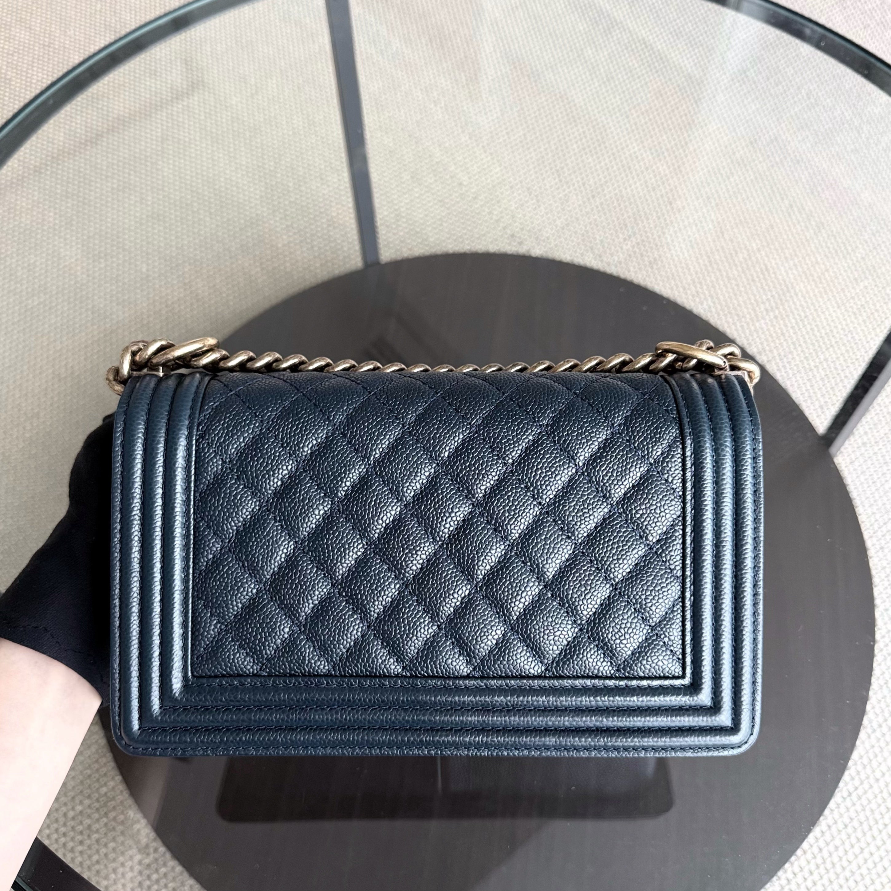 Chanel Boy Medium - Caviar 25CM Quilted Dark Blue Ruthenium Gold Hardware Series 19