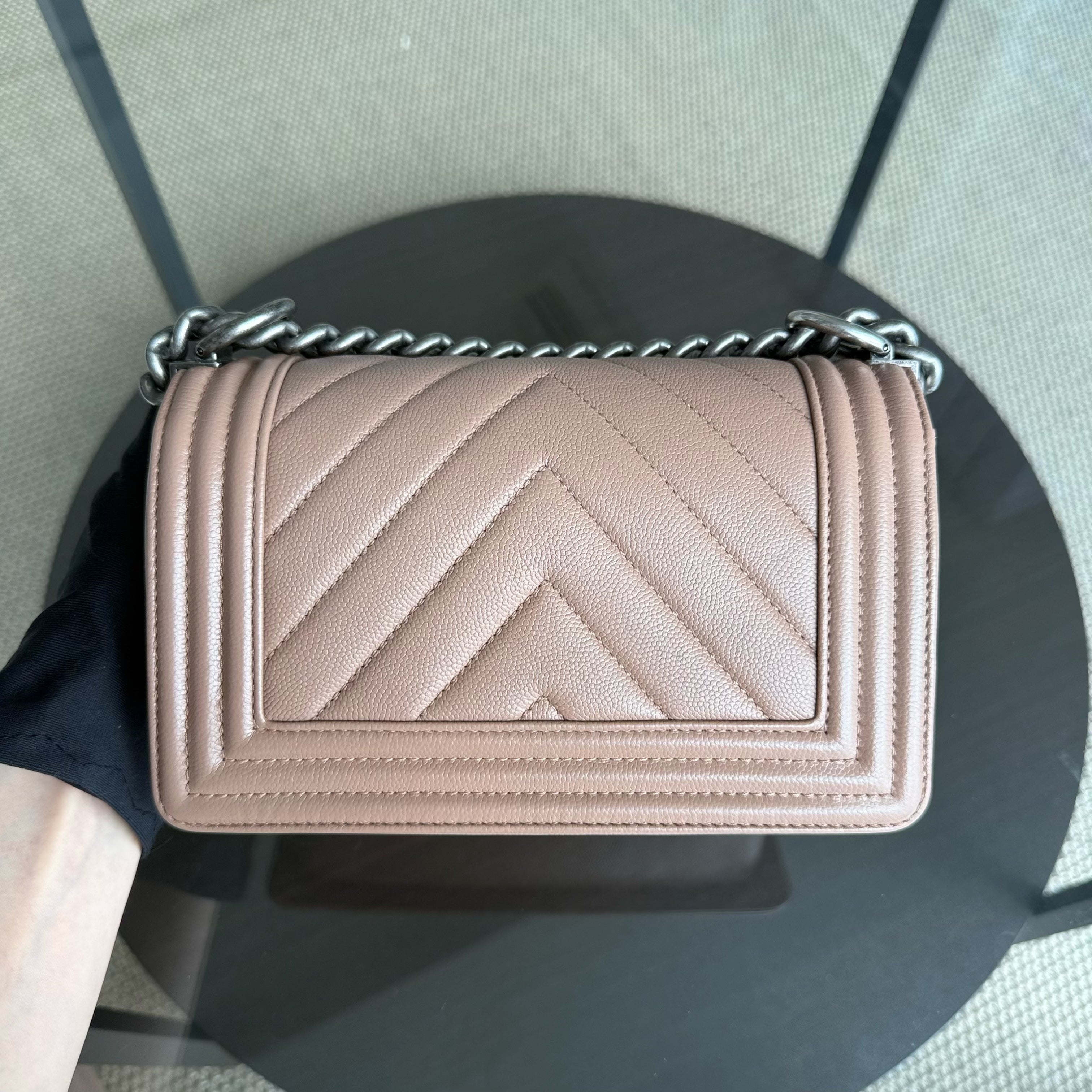 Chanel Boy Small - Caviar Chevron 23CM Dark Beige Blush Ruthenium Silver Hardware Series 24