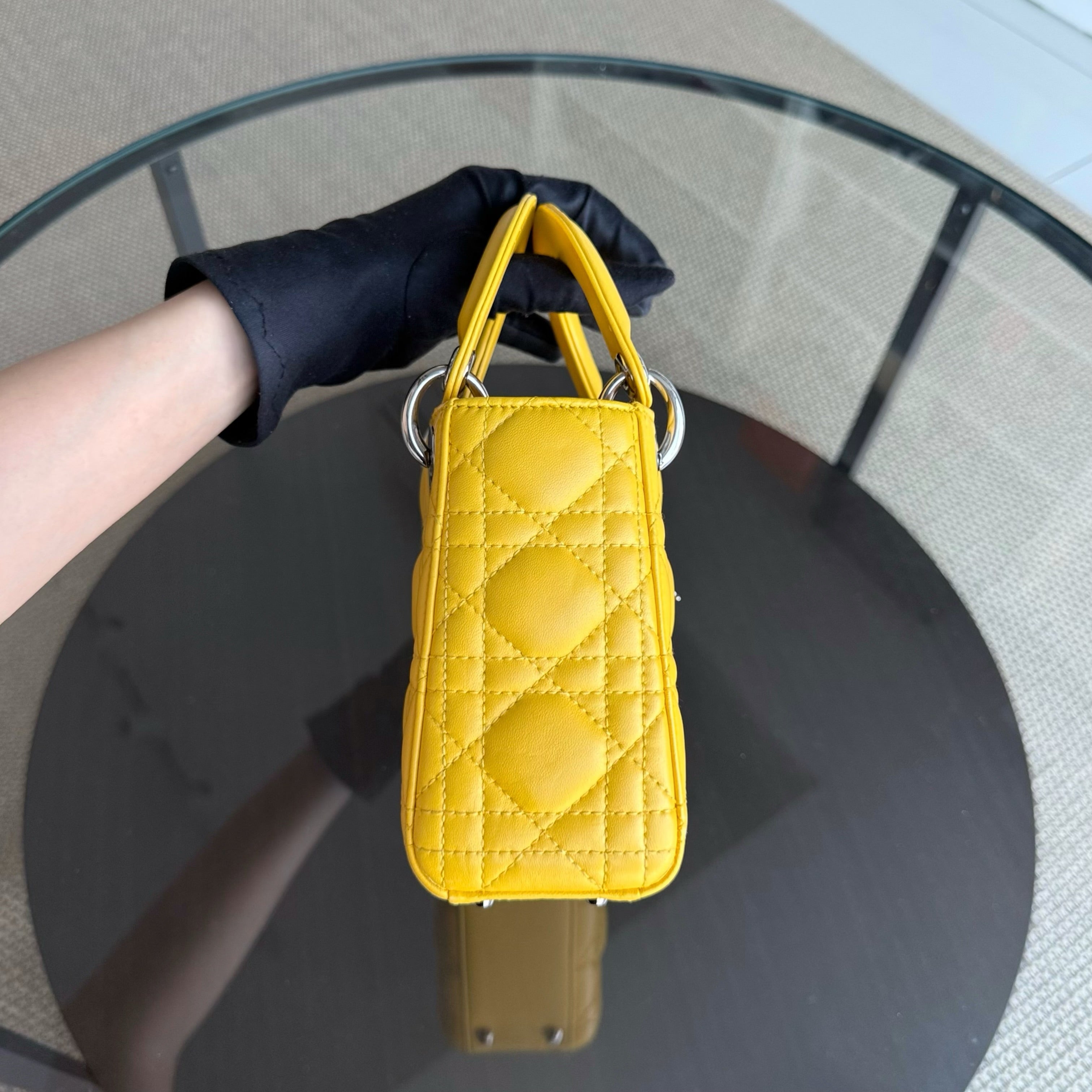 Dior Lady Mini Flap - Cannage Lambskin Yellow Silver Hardware Chain Strap Silver Hardware