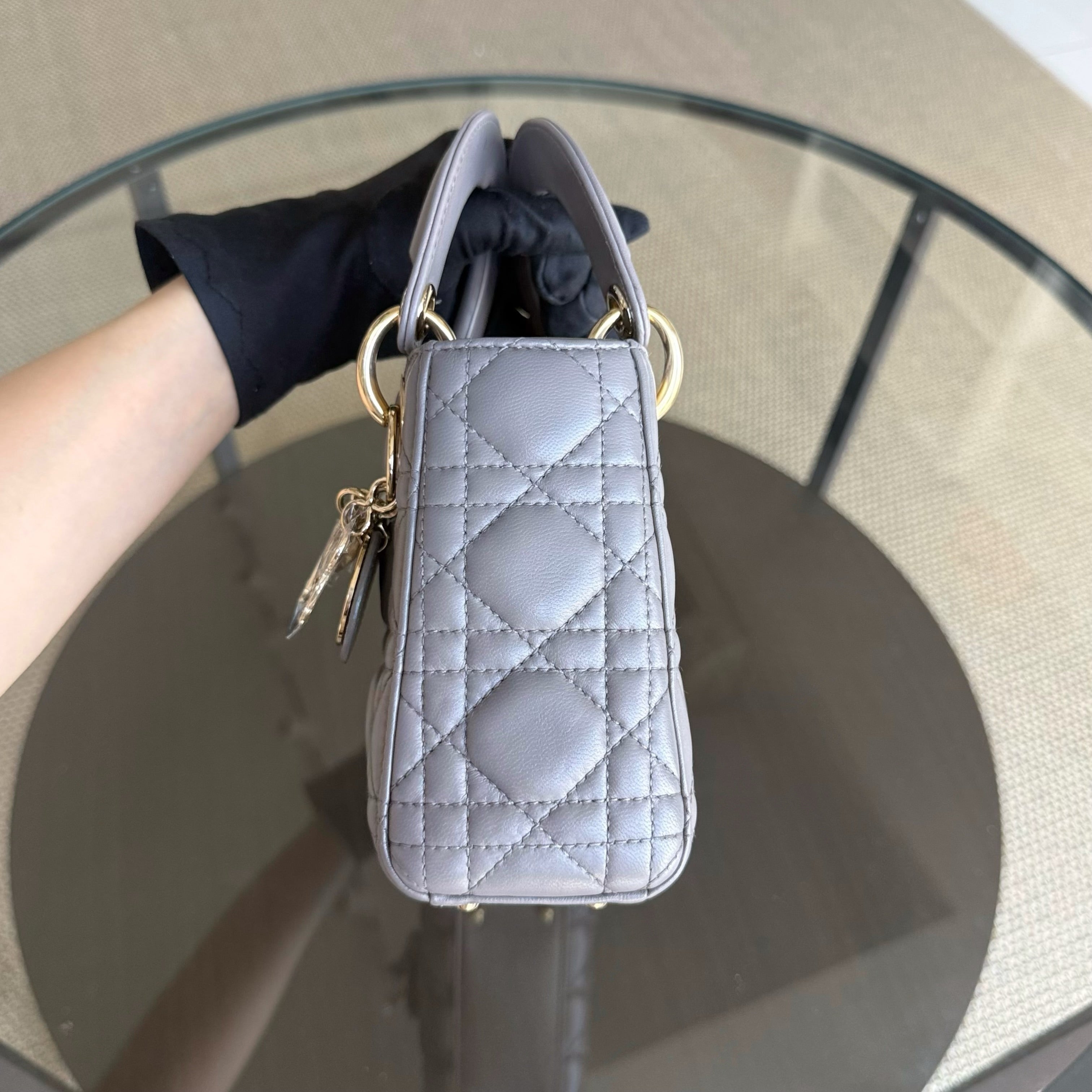 Dior Lady Mini - Cannage Lambskin Grey Gray Gold Hardware Adjustable Strap
